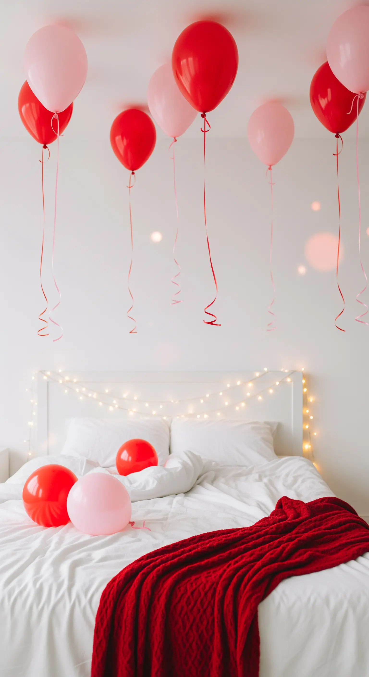 Ballons über weißem Bett mit roter Decke und Lichterkette