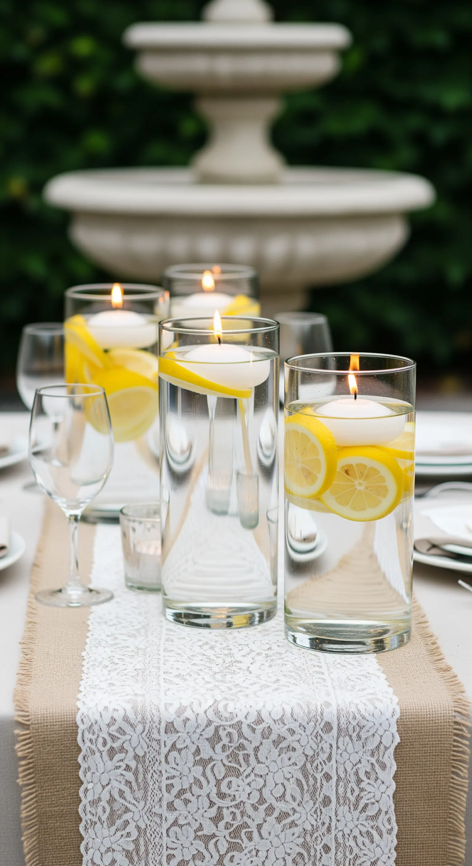 Glaszylinder mit Wasser, Zitronenscheiben und Schwimmkerzen