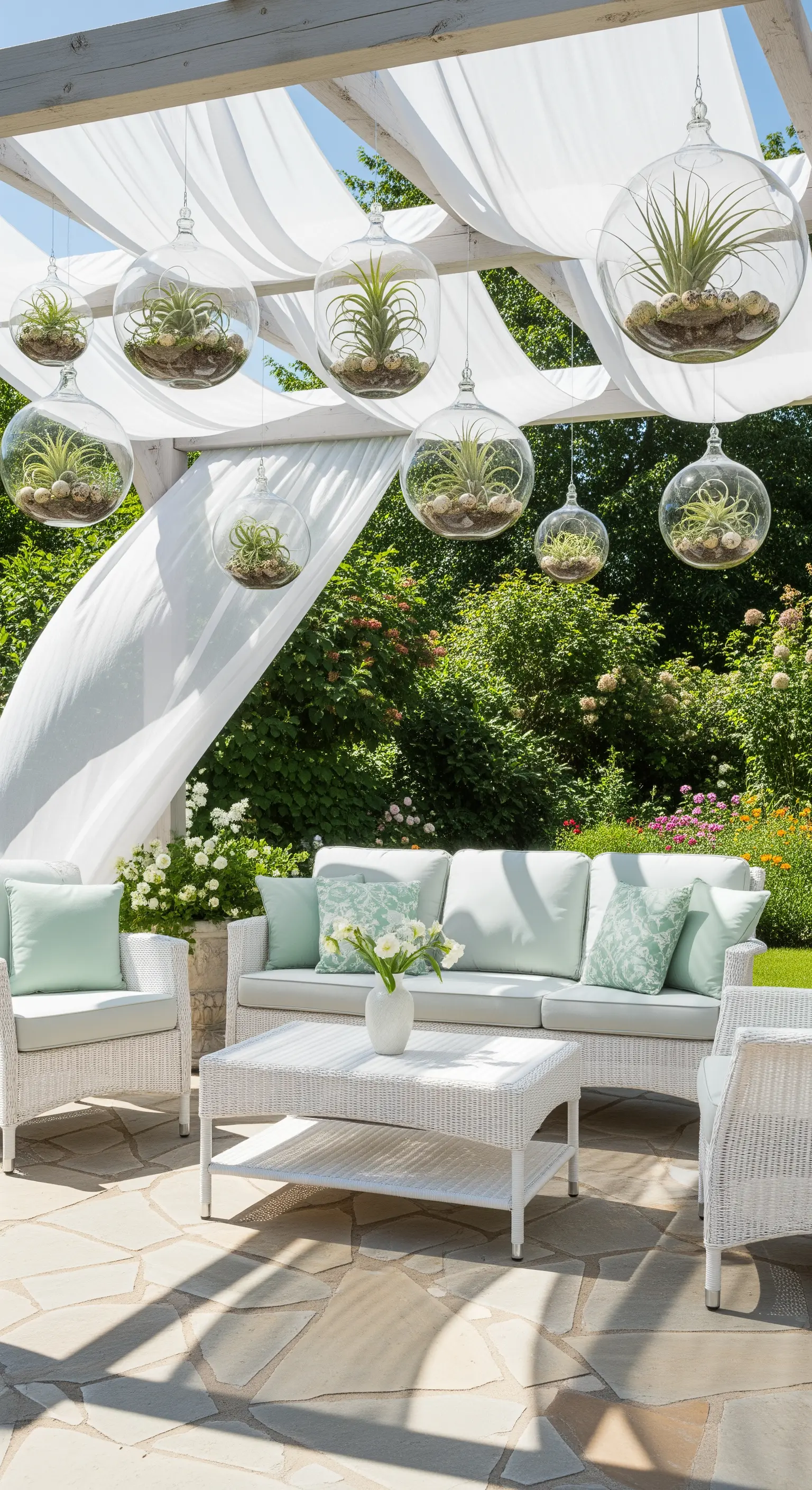 Glaskugeln mit Pflanzen hängen unter weißem Stoffhimmel