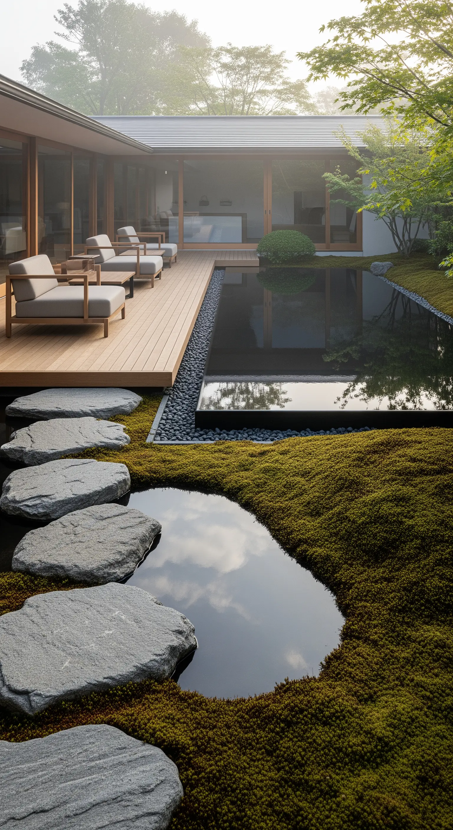 Japandi Holzterrasse am Zen-Teich