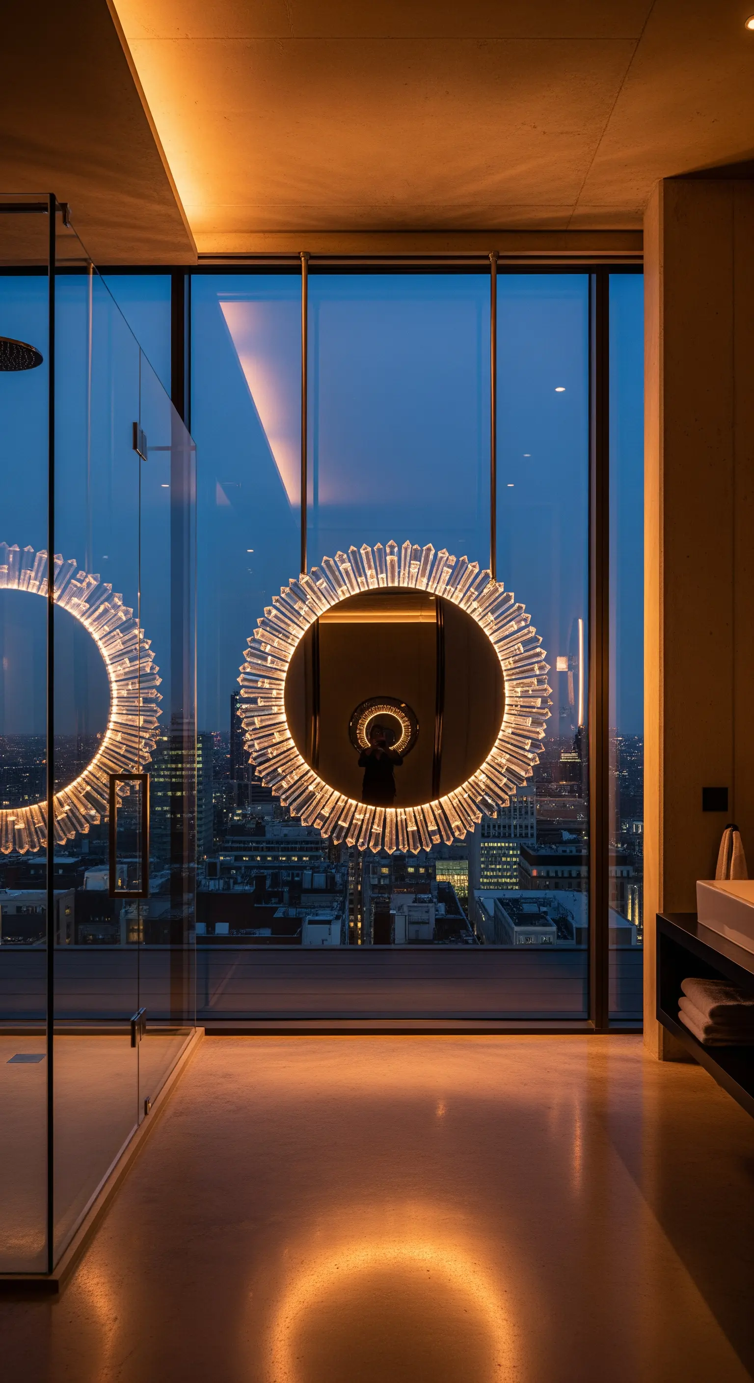 Runder Kristallspiegel hängt von der Decke vor großem Panoramafenster bei Nacht