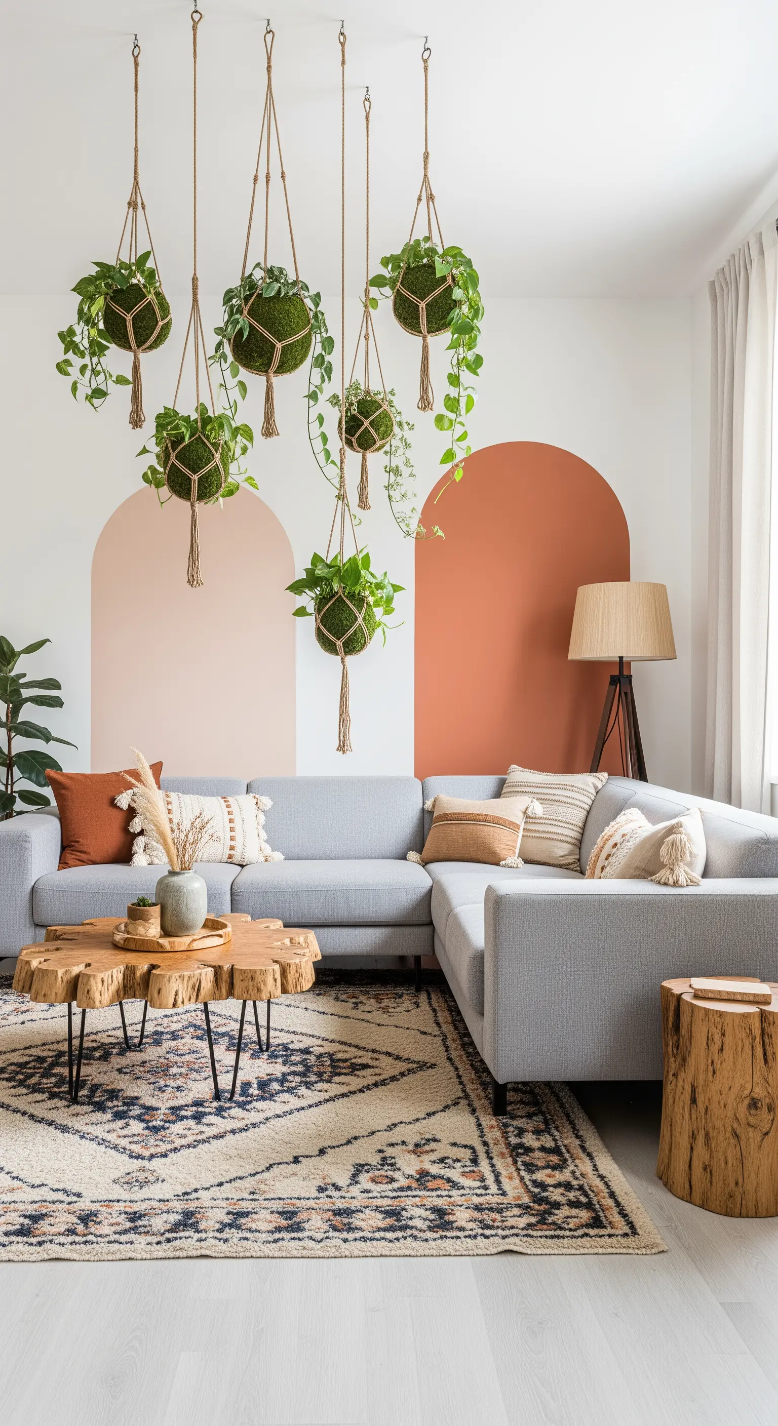 Hängende Moosball-Pflanzen (Kokedama) vor Wand mit Farbbögen