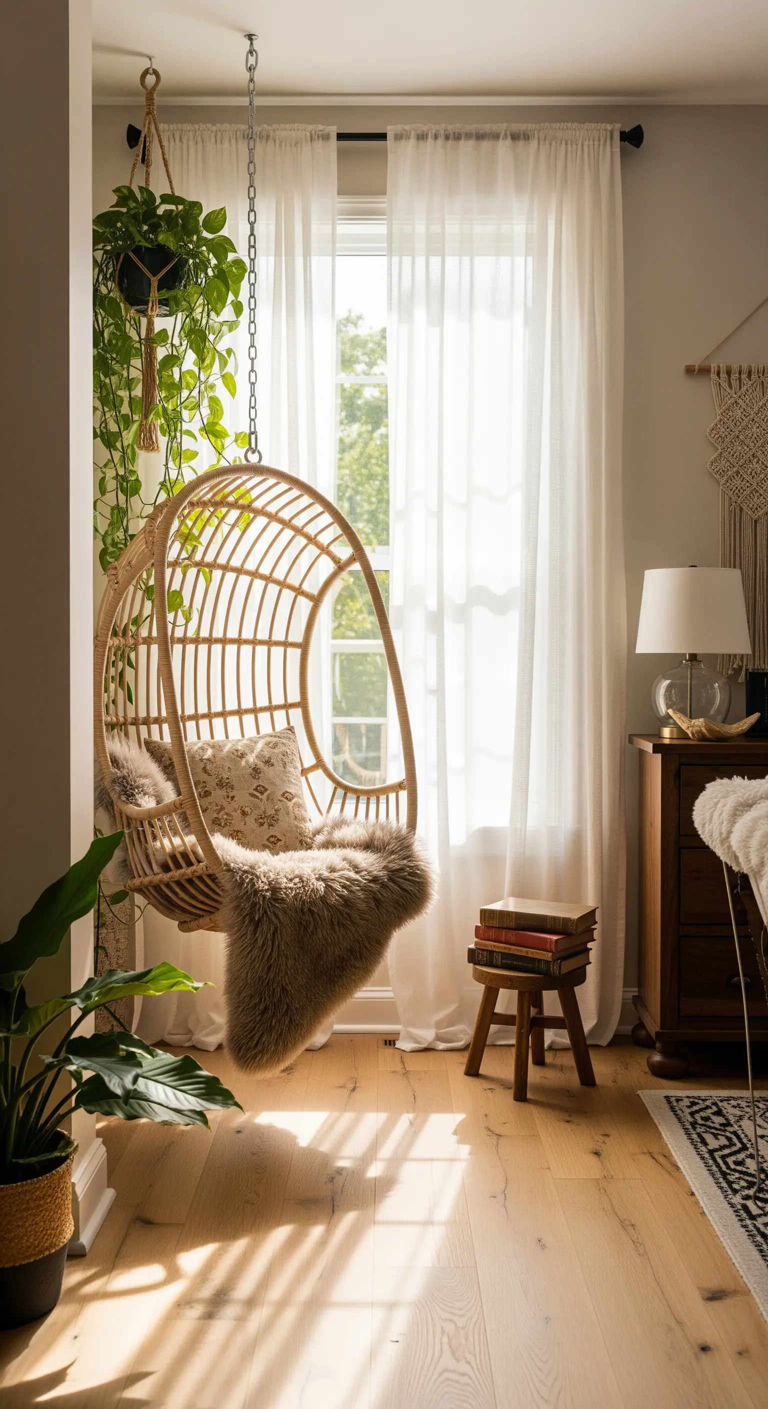 Rattan-Hängesessel vor sonnigem Fenster mit weißen Vorhängen