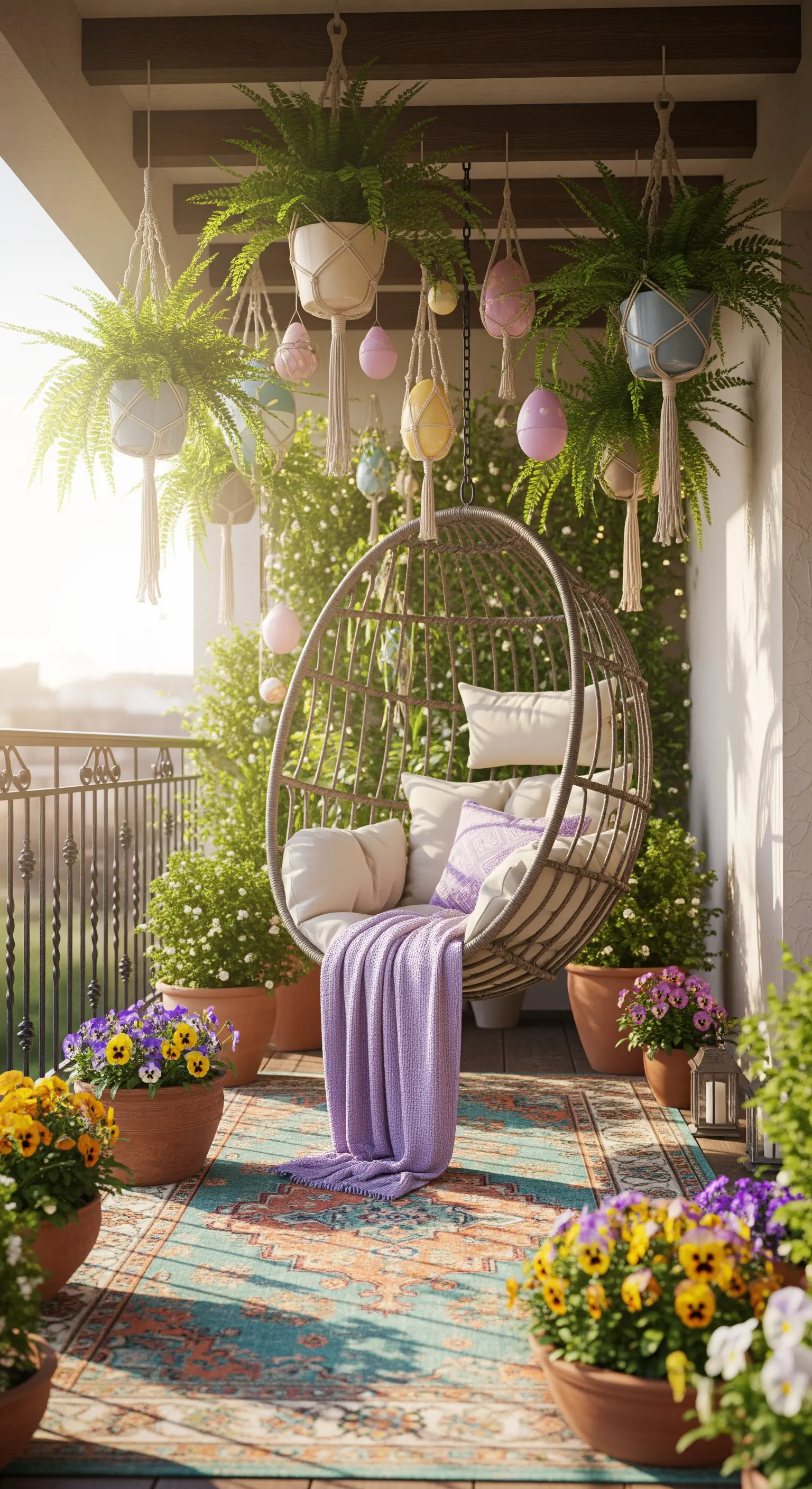 Hängesessel auf Balkon mit hängender Osterdeko