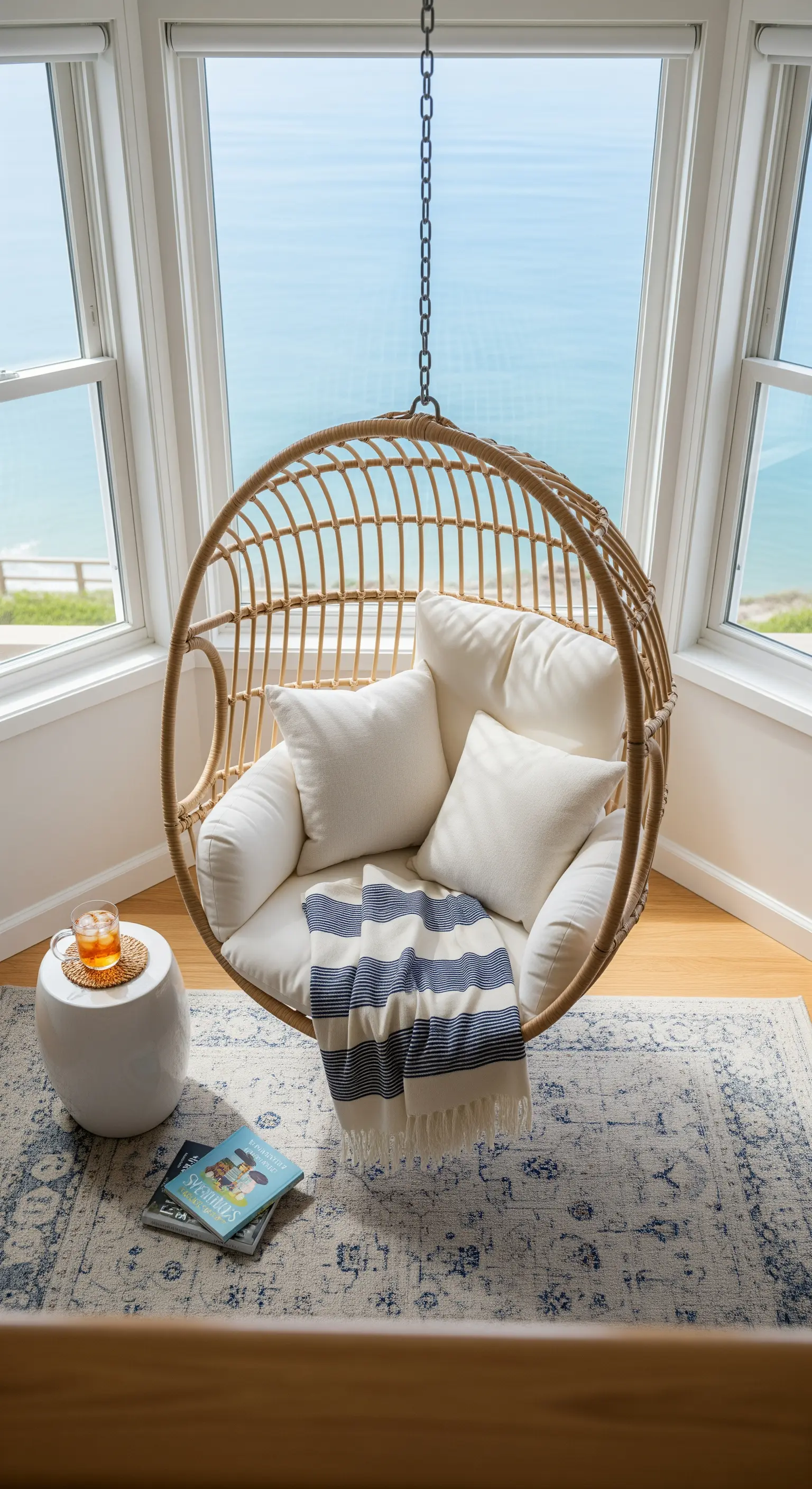 Hängesessel aus Rattan vor großem Fenster mit Meerblick