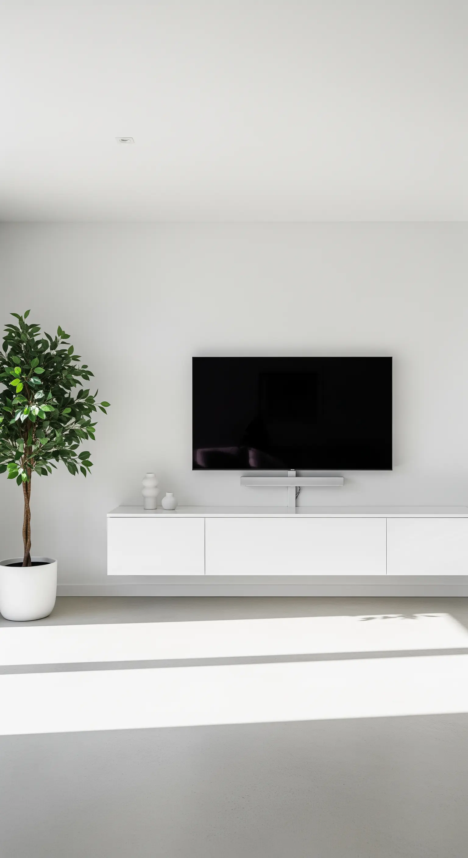 Weißes schwebendes Lowboard unter TV