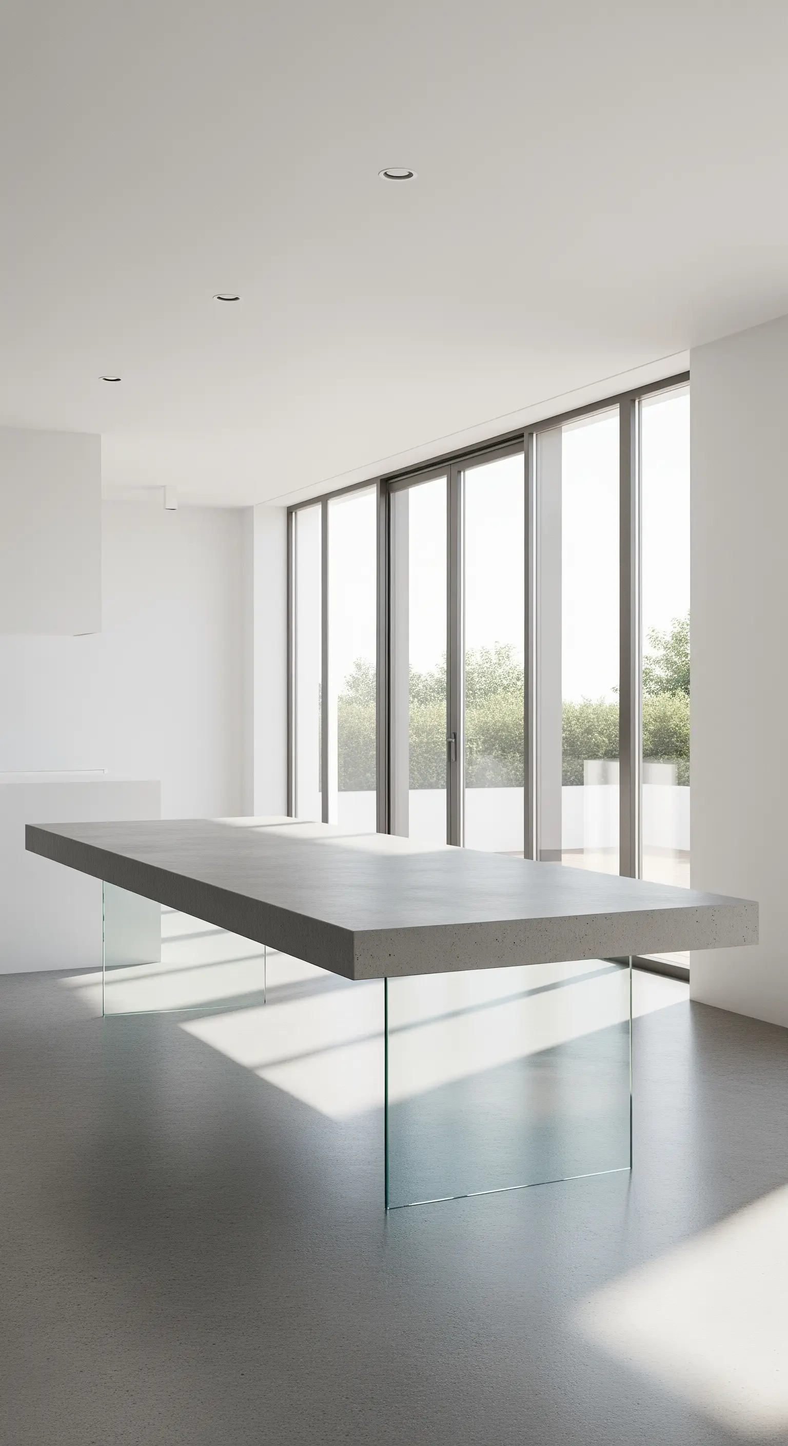 Betontisch auf Glasfüßen im minimalistischen Esszimmer
