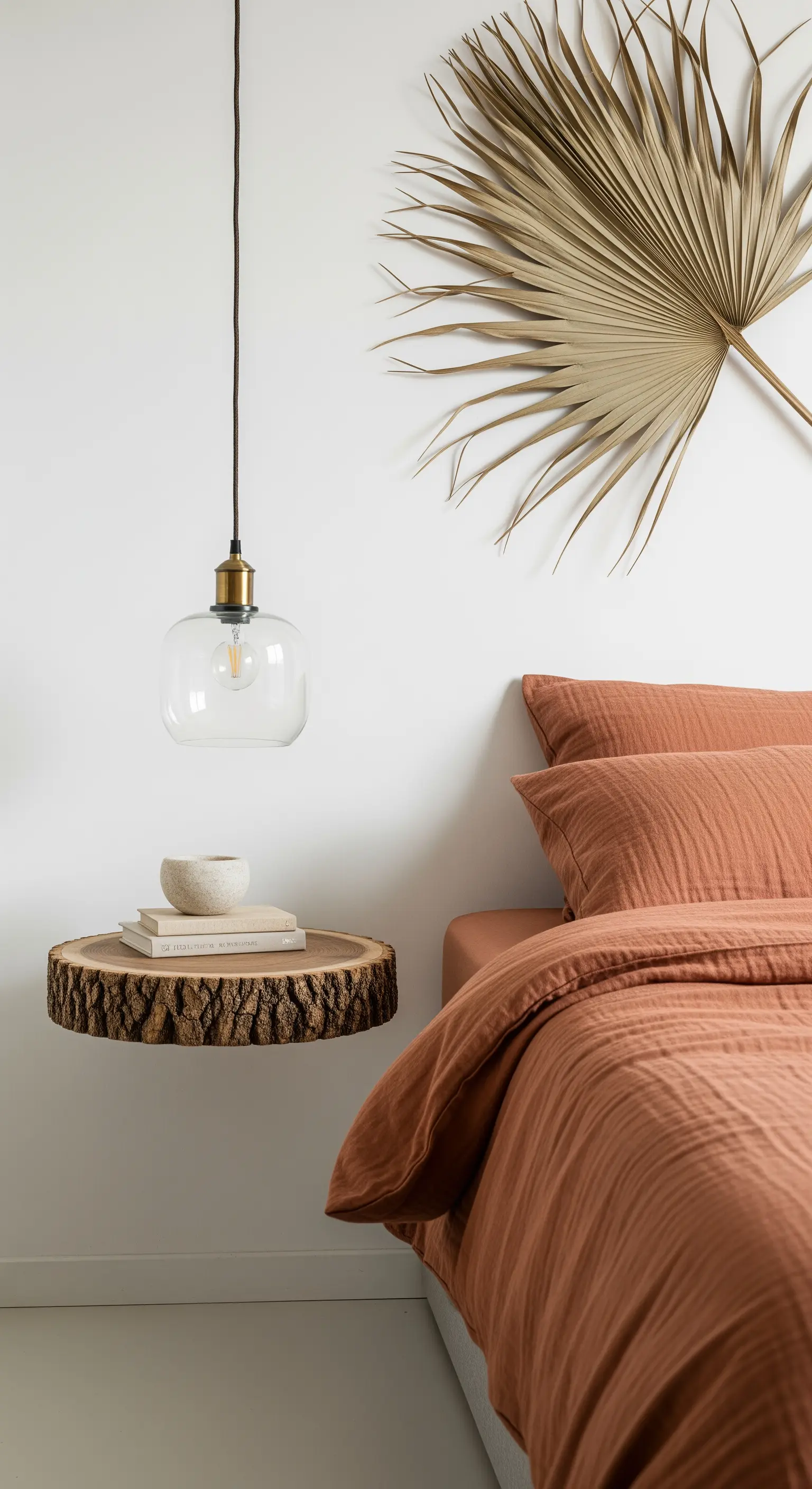 Schwebender Nachttisch aus Holzscheibe und Palmblatt-Deko