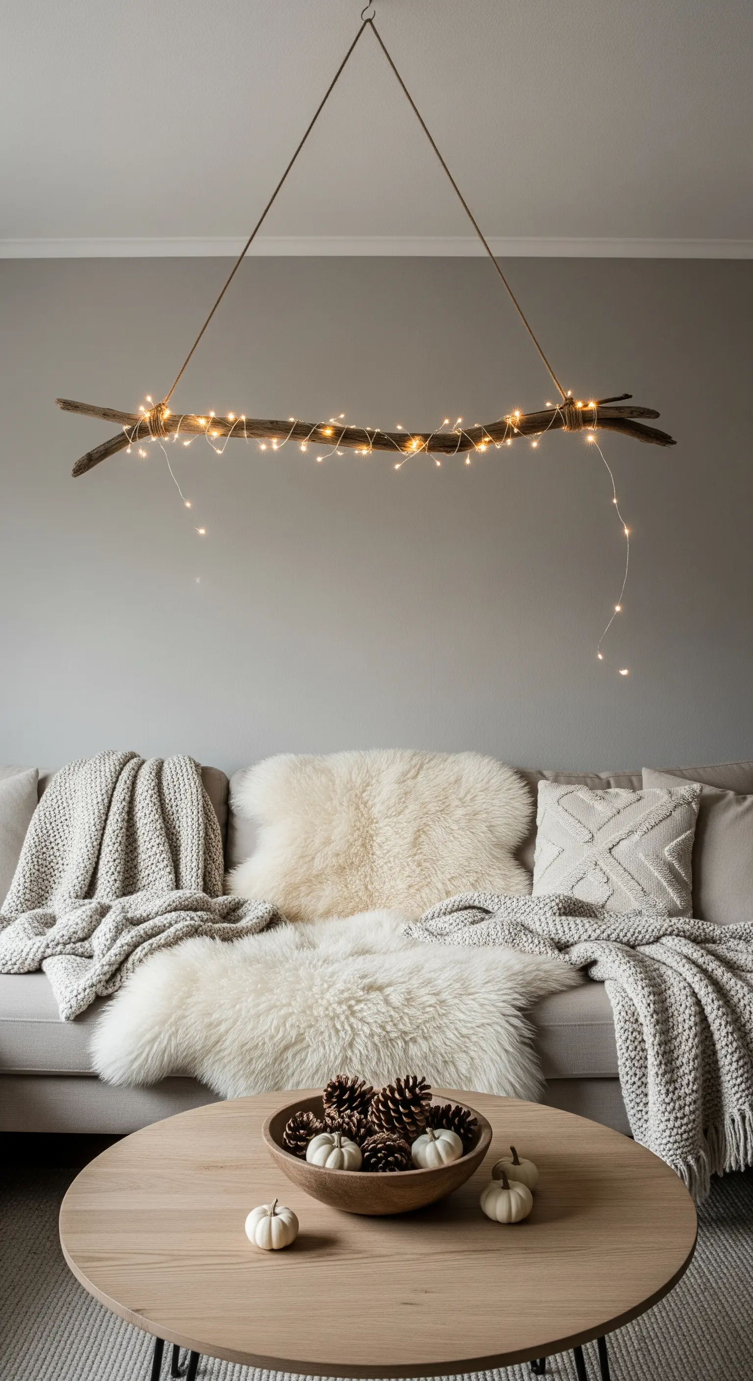 Von der Decke hängender Ast mit Lichterkette über minimalistischem Sofa mit Fellen