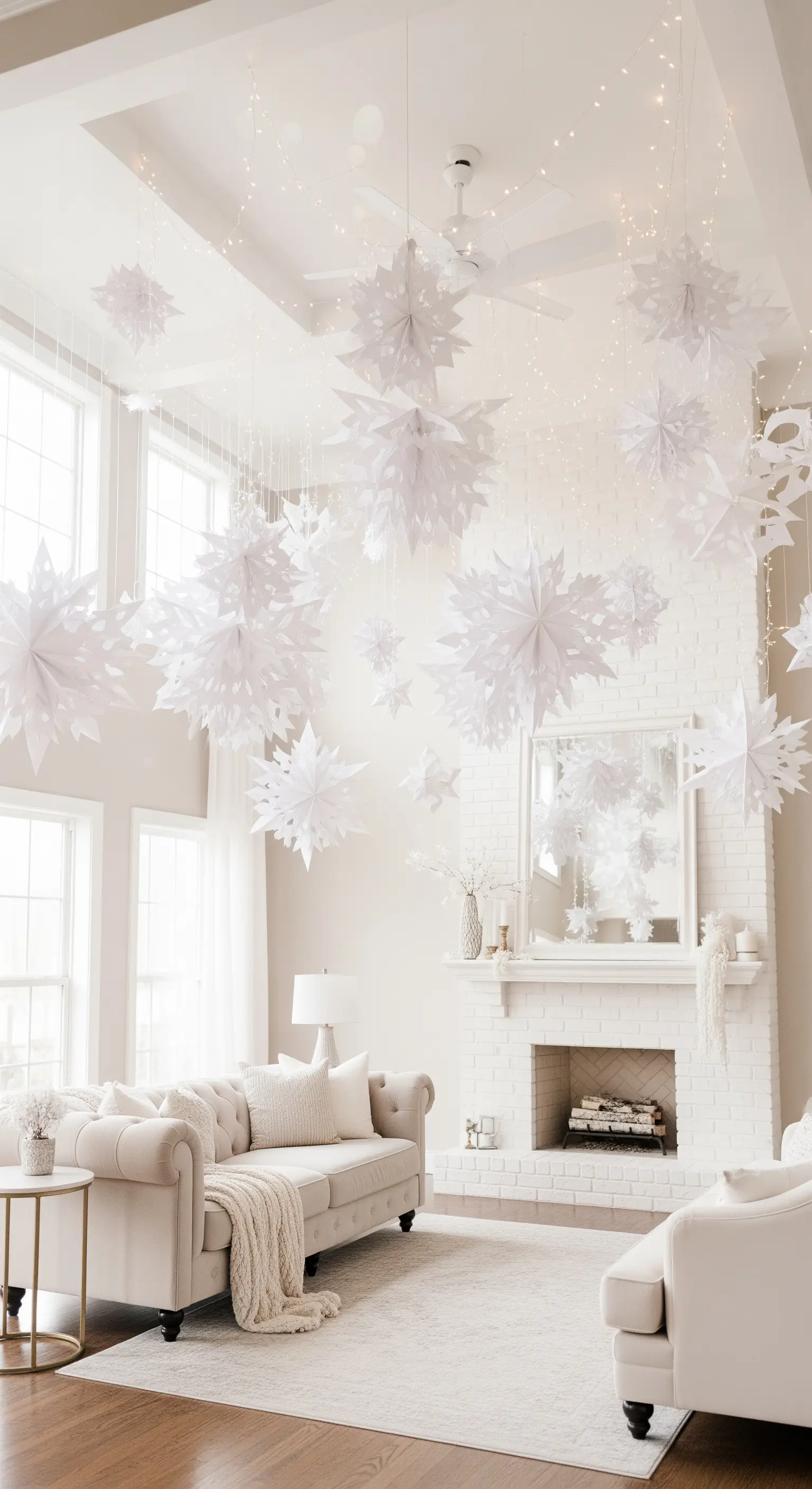 Weiße Papiersterne hängen von der Decke im Wohnzimmer