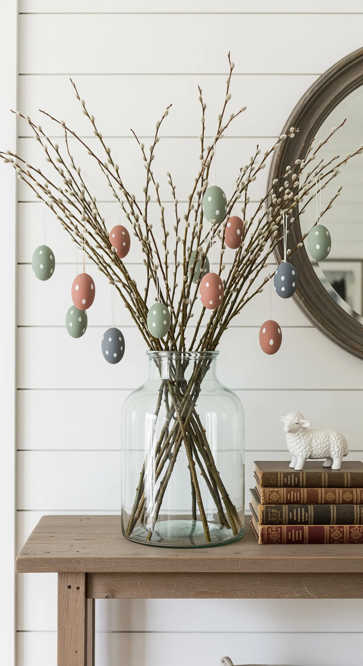 Weidenzweige in Glasvase mit hängenden pastellfarbenen Ostereiern