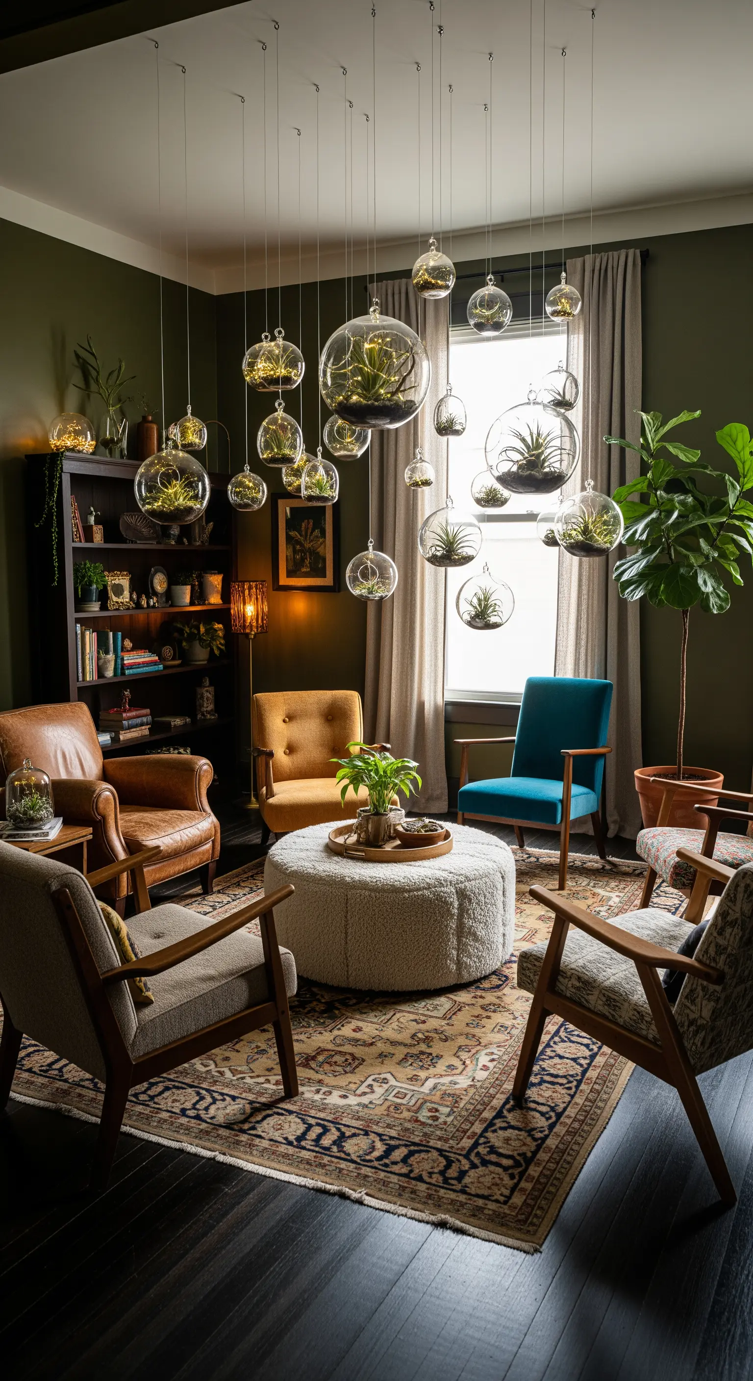 Viele hängende Glaskugeln mit Pflanzen in einem Wohnzimmer