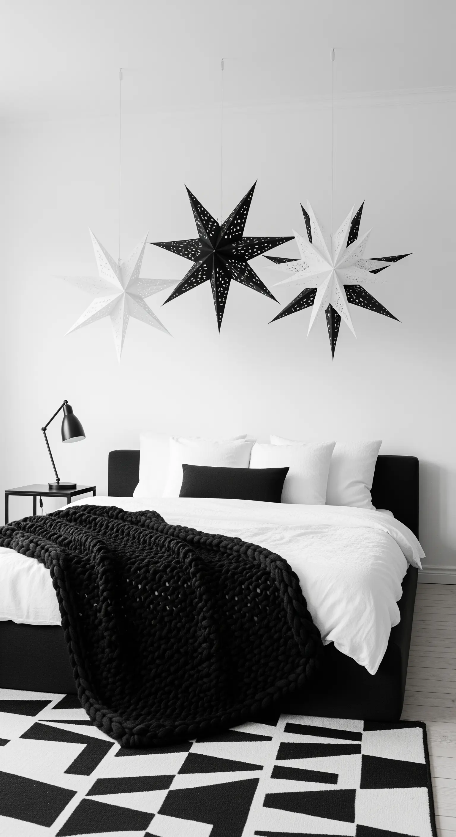 Schlafzimmer mit schwarzen und weißen Papiersternen, die über dem Bett hängen