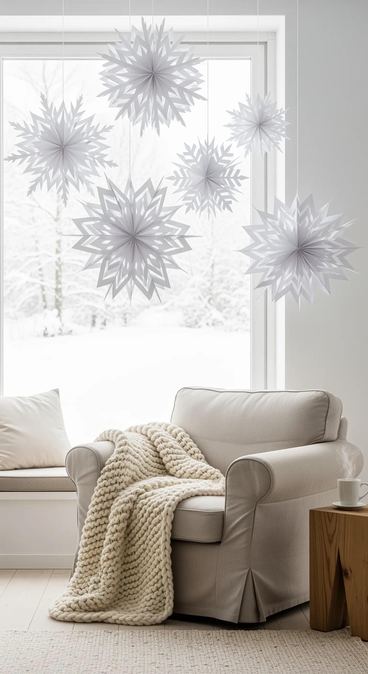 Große weiße Papier-Schneeflocken hängen vor einem hellen Winterfenster über einem Sessel.