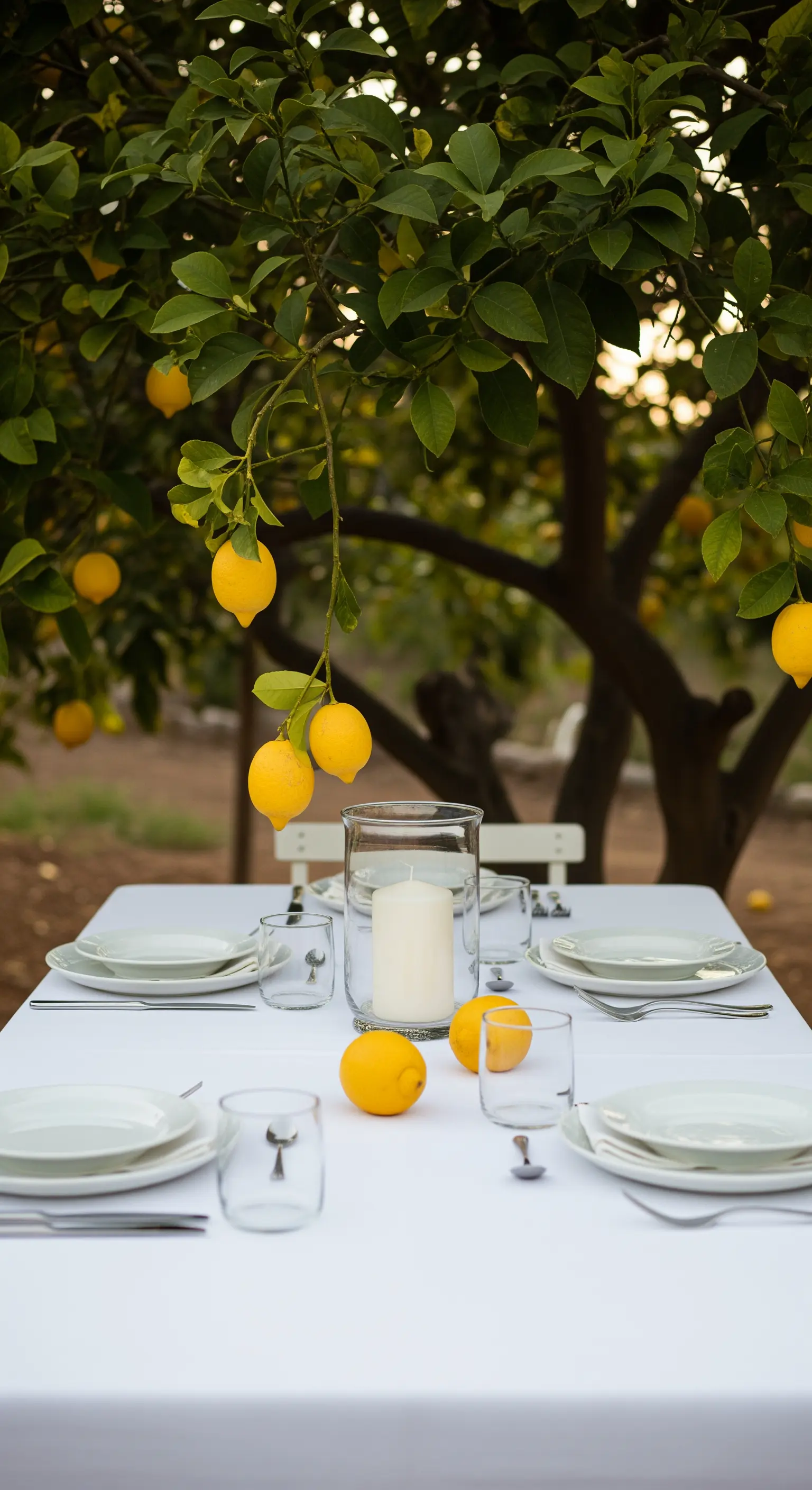 Zitronen an Schnüren über weißem Tisch hängend
