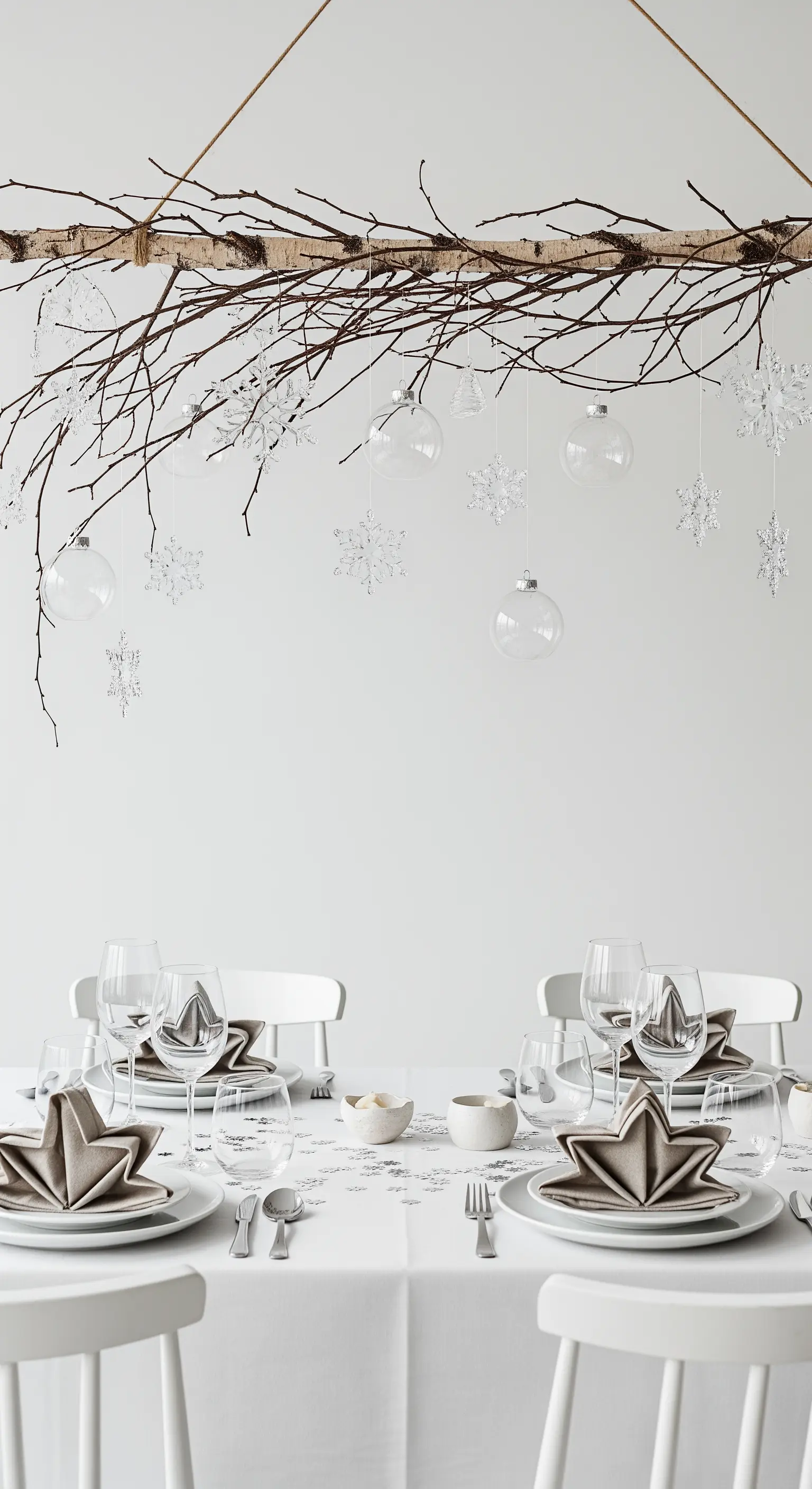 Ast über dem Esstisch mit hängenden Glaskugeln