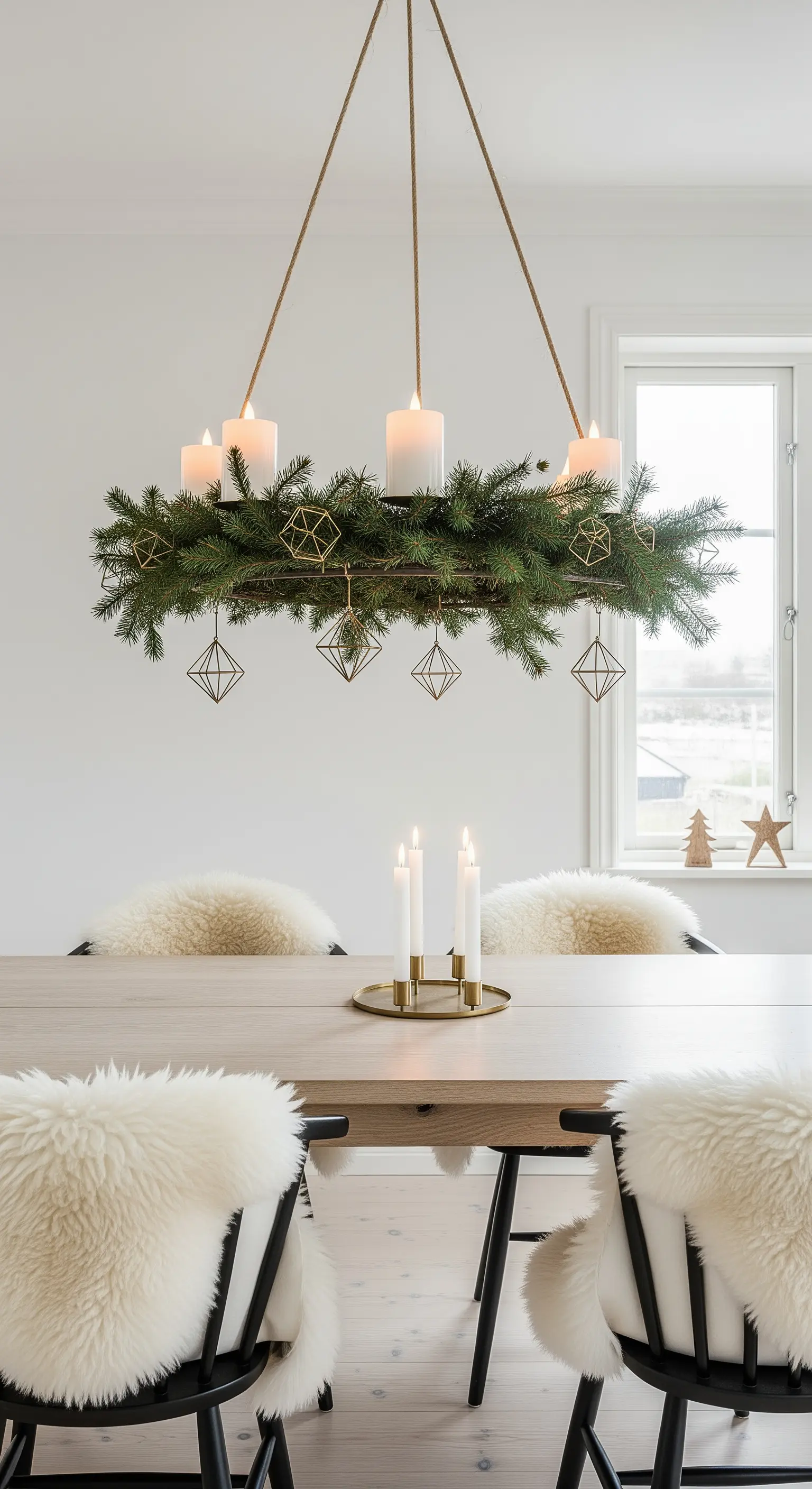 Hängender Adventskranz an Metallgestell mit geometrischen Anhängern über Esstisch