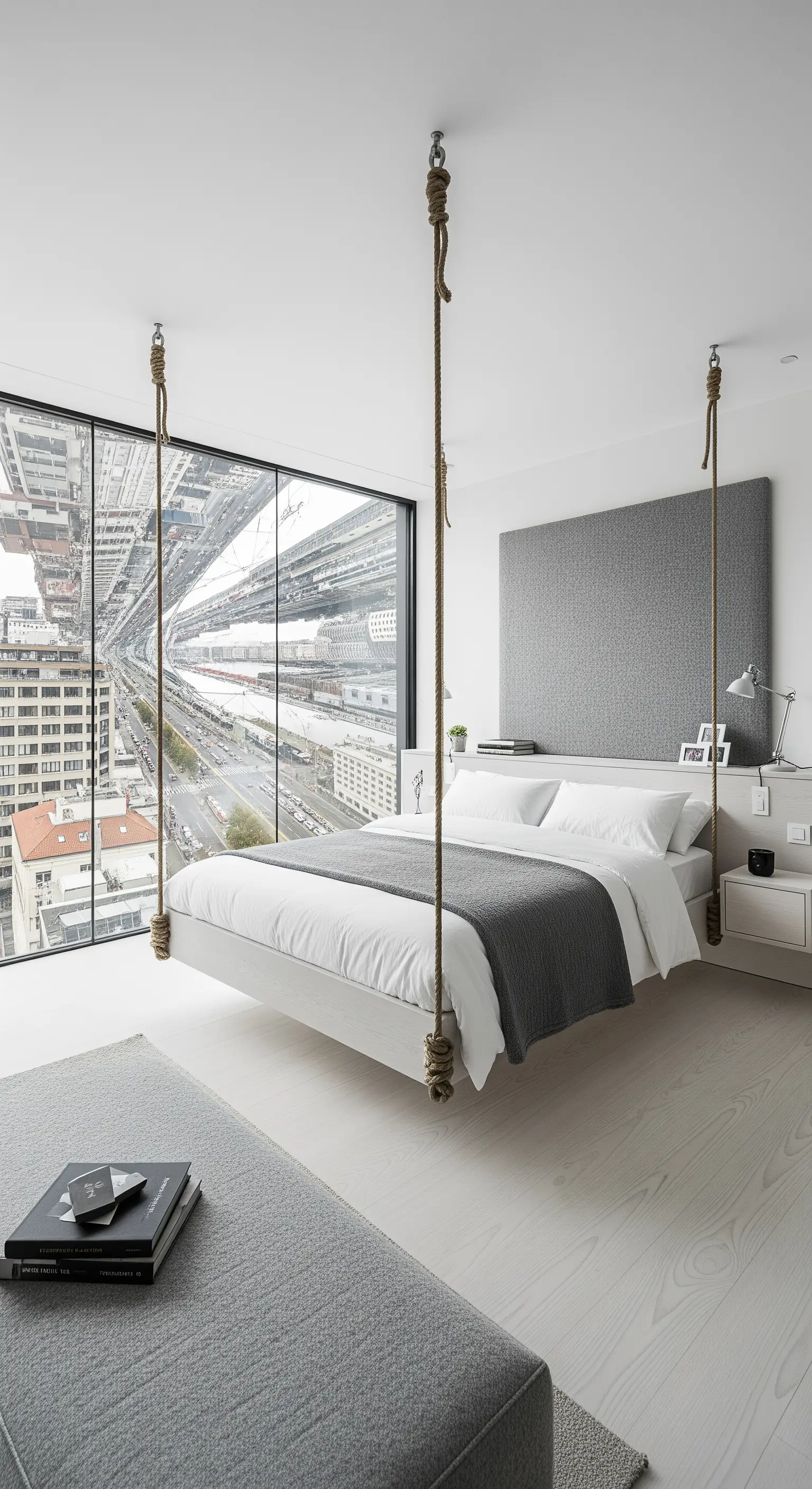 An Seilen hängendes Bett in einem minimalistischen, weißen Raum