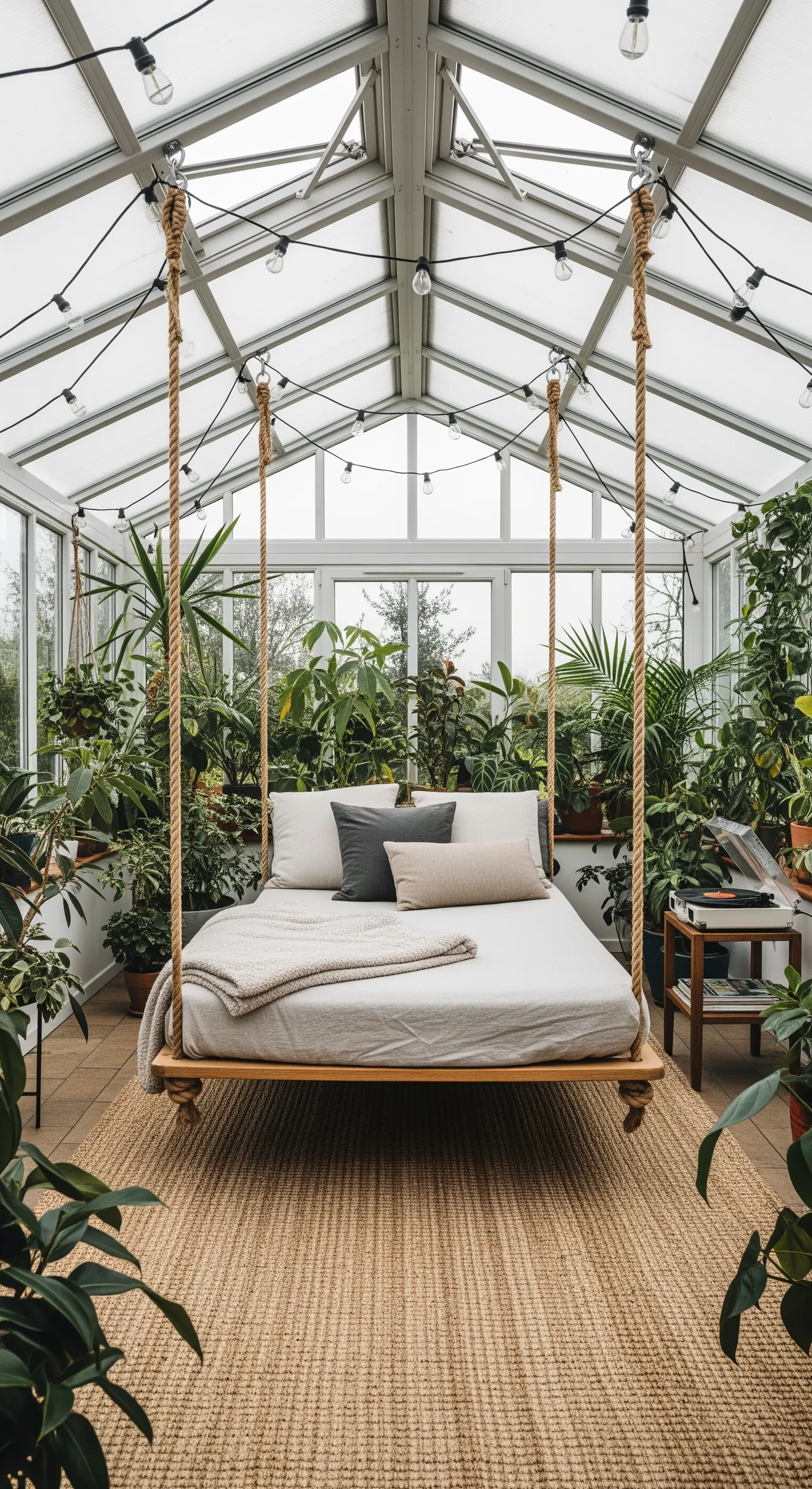 Hängendes Bett im Gewächshaus umgeben von Pflanzen