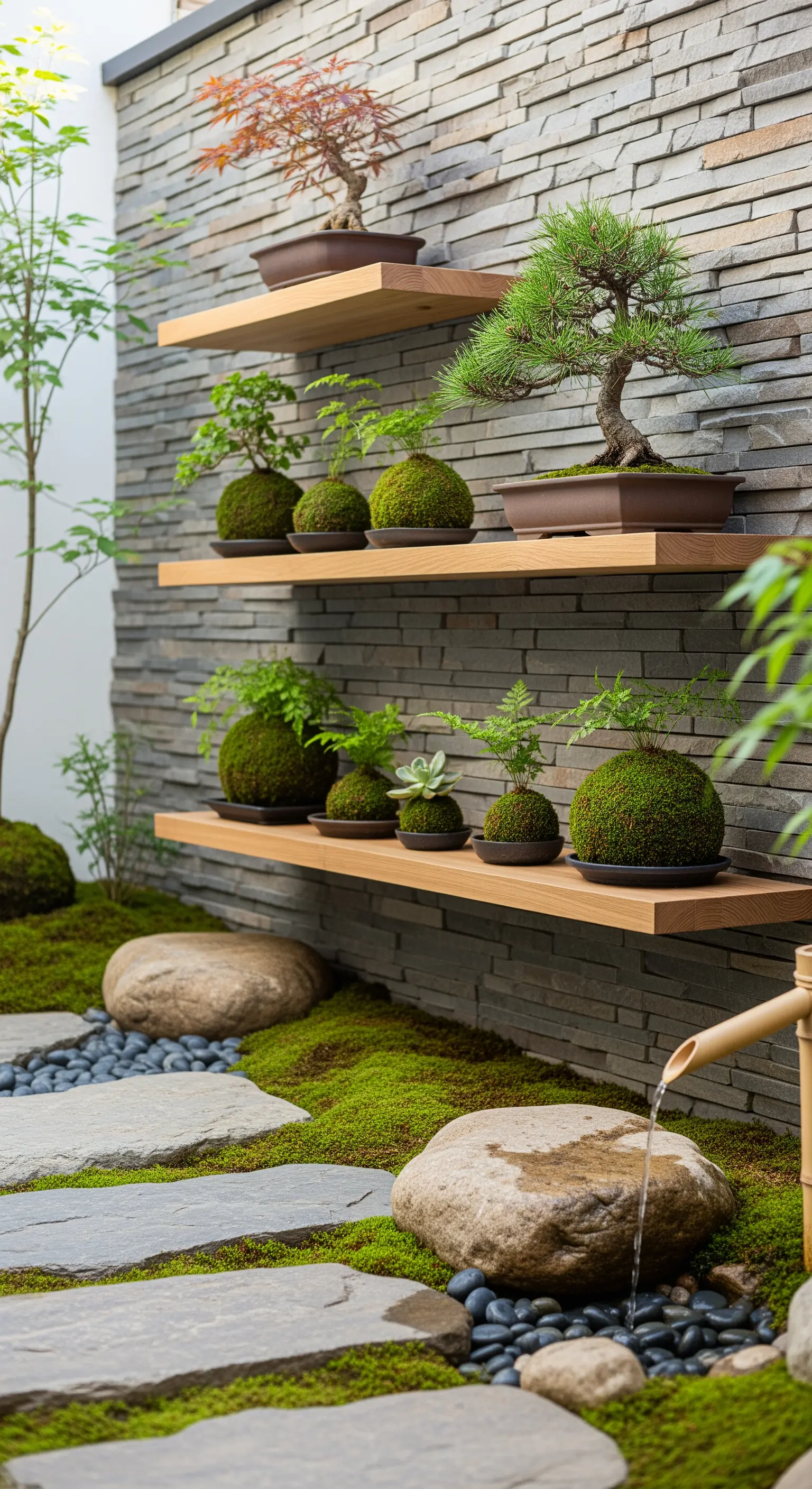 Holzregale an Steinwand mit Bonsai und Mooskugeln