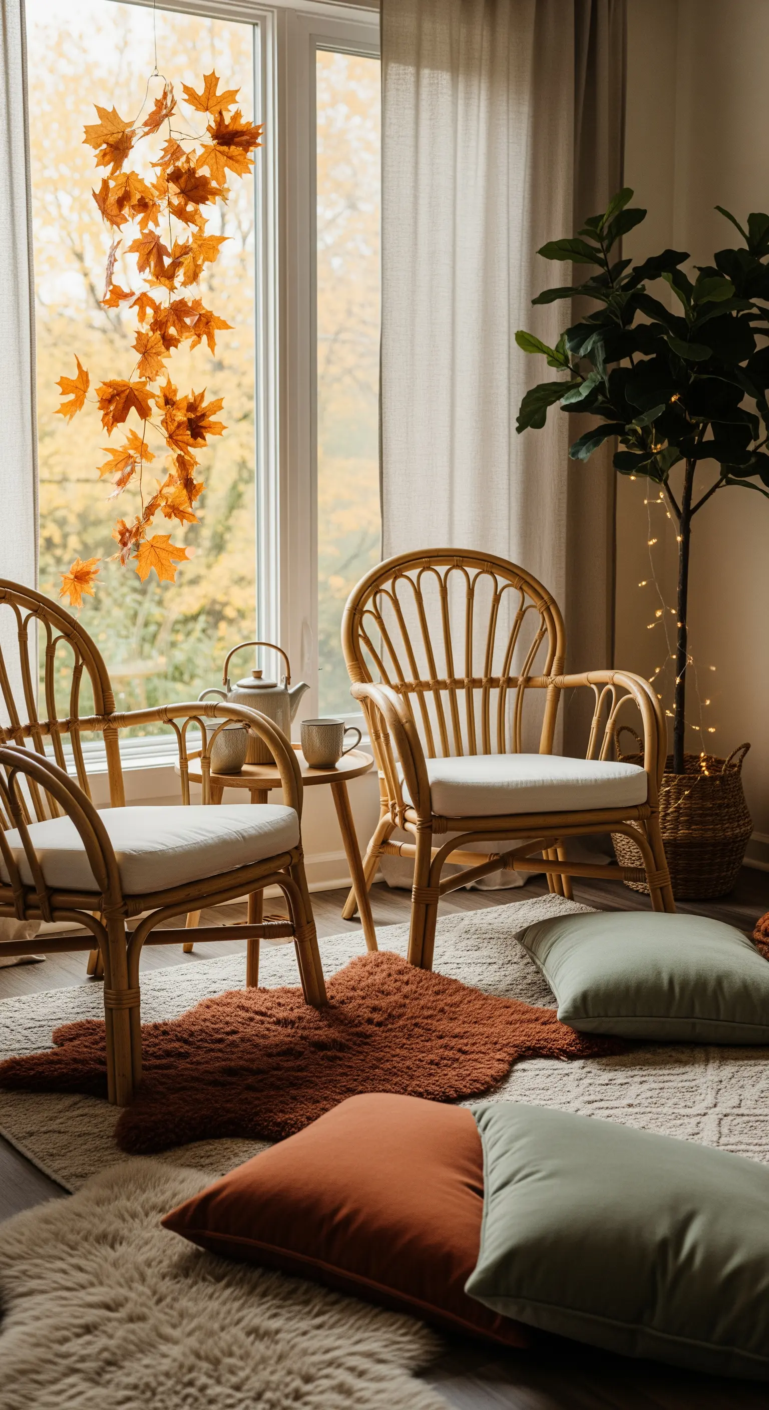 Herbstblatt-Mobile vor großem Fenster mit Rattanmöbeln