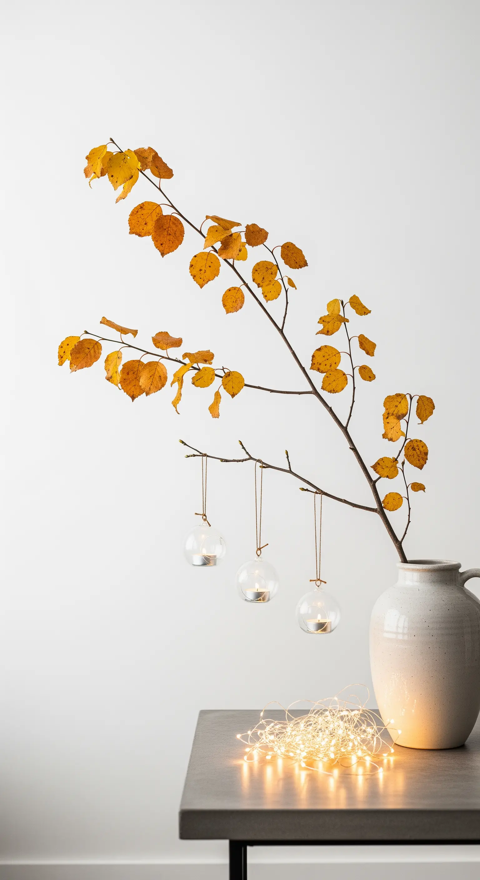 Großer Ast in Vase mit hängenden Teelichtgläsern vor weißer Wand