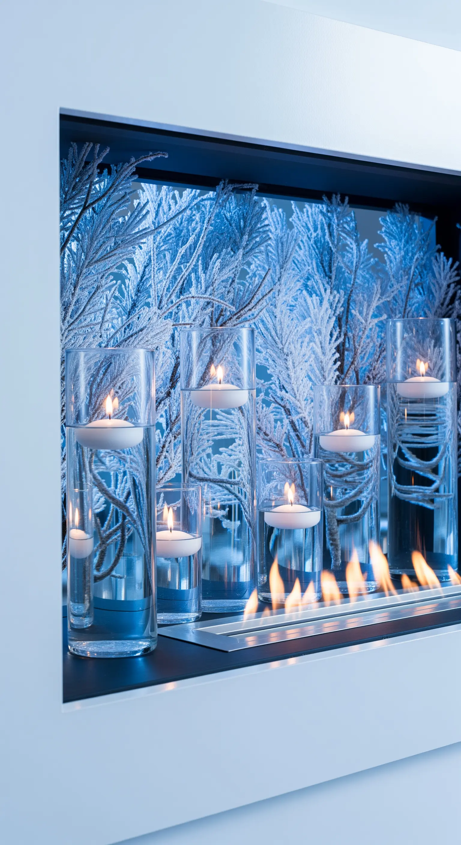 Schwimmkerzen in Glaszylindern im Kamin