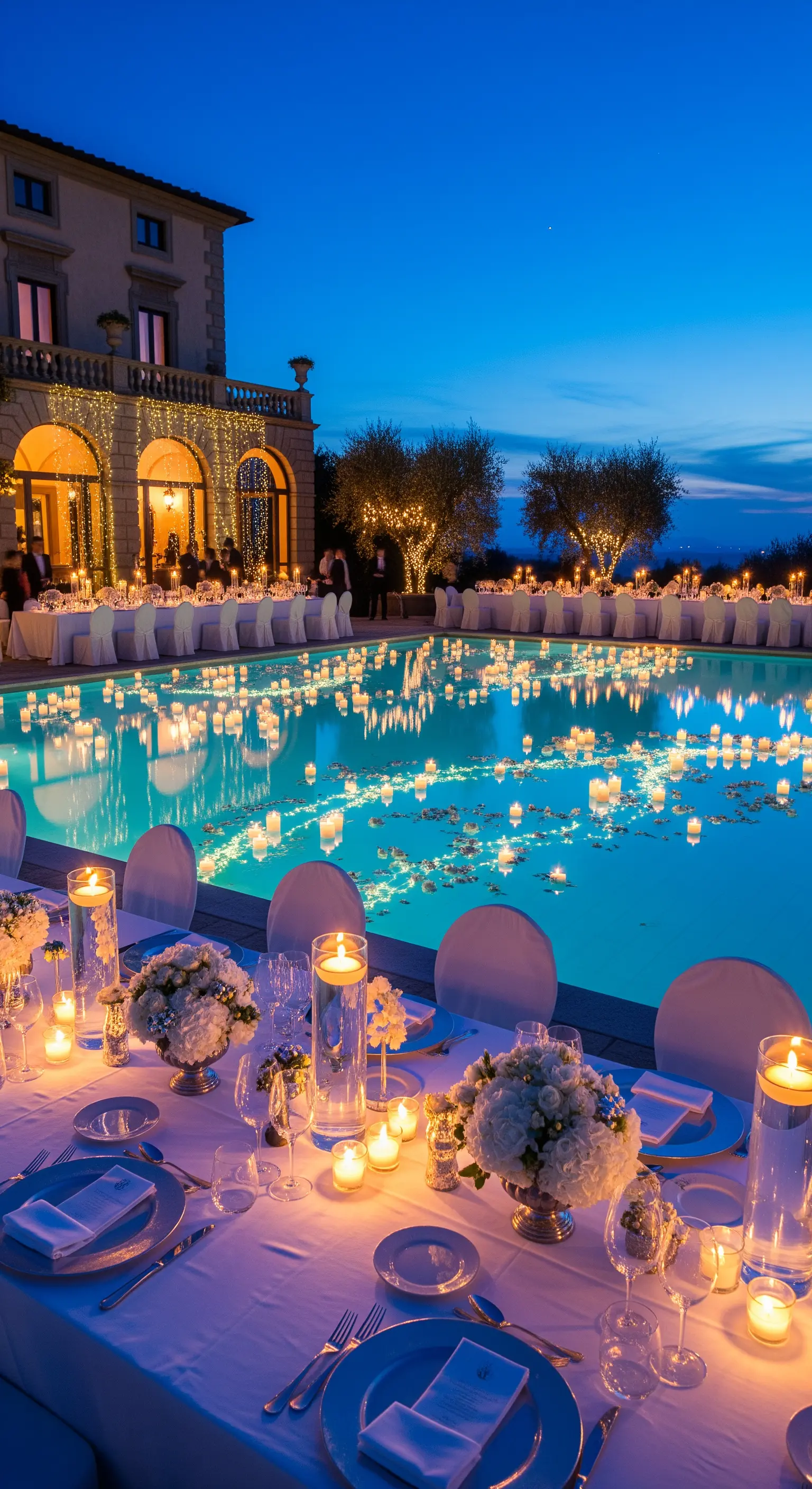 Dinner am Pool, der voller schwimmender Kerzen und Lichter ist