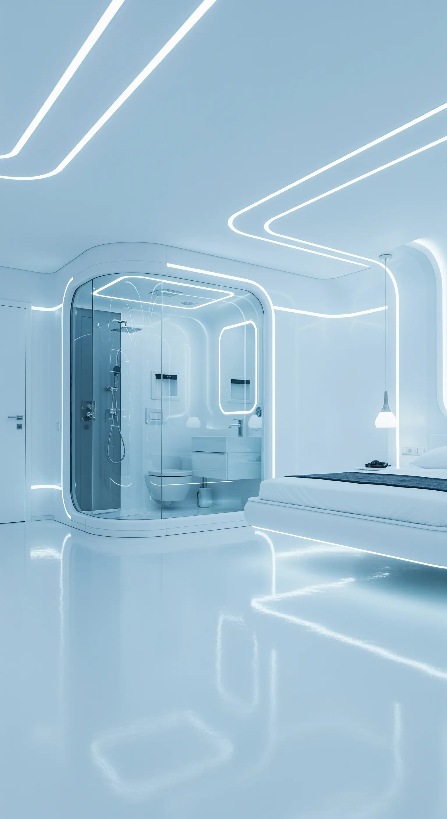 Futuristisches weißes Schlafzimmer mit blauen LED-Lichtlinien und Glasbad