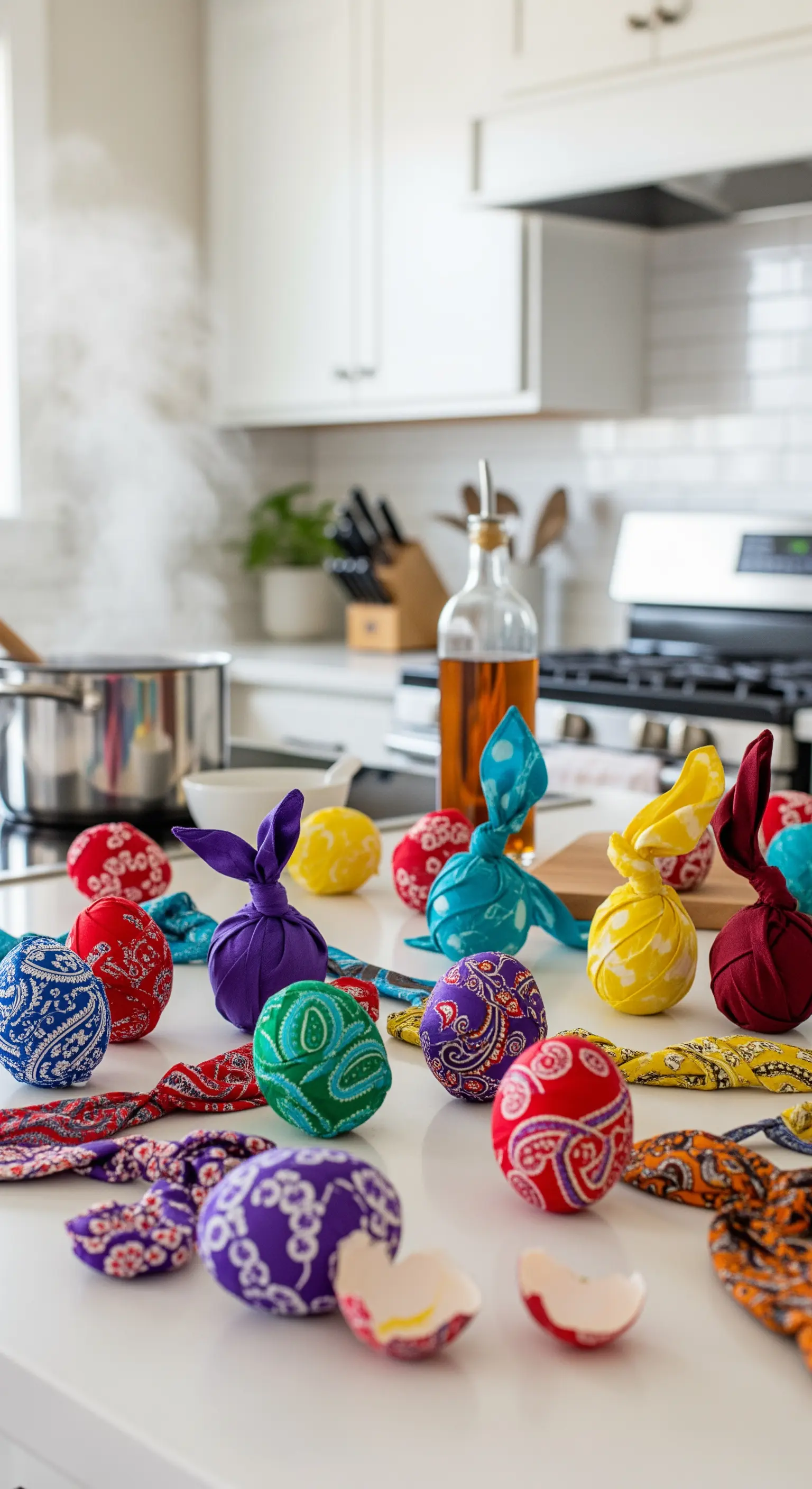 Bunt gemusterte Eier mit Seidenstoffen und Kochtopf