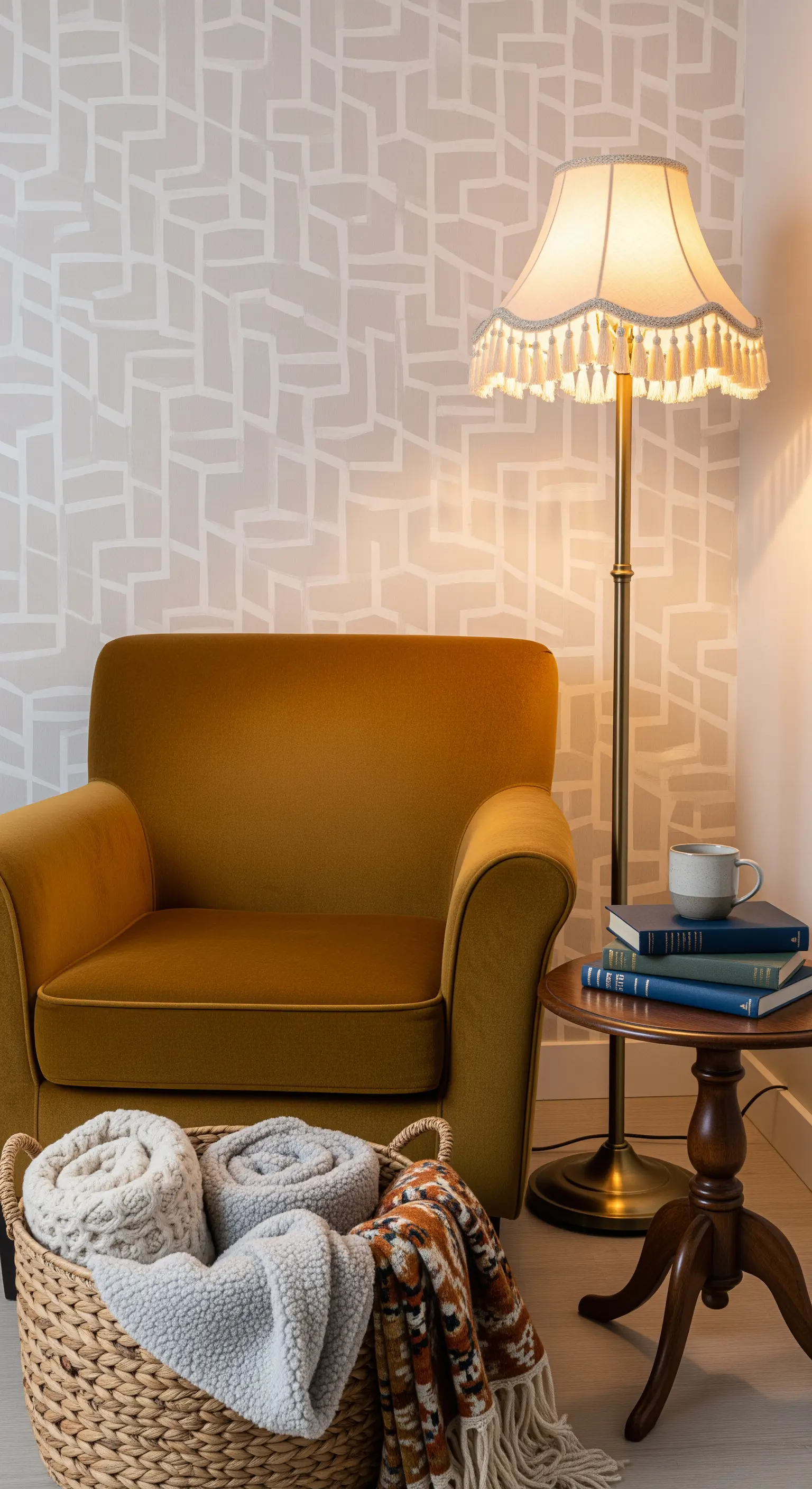 Senfgelber Samtsessel neben einer Stehlampe mit Fransen