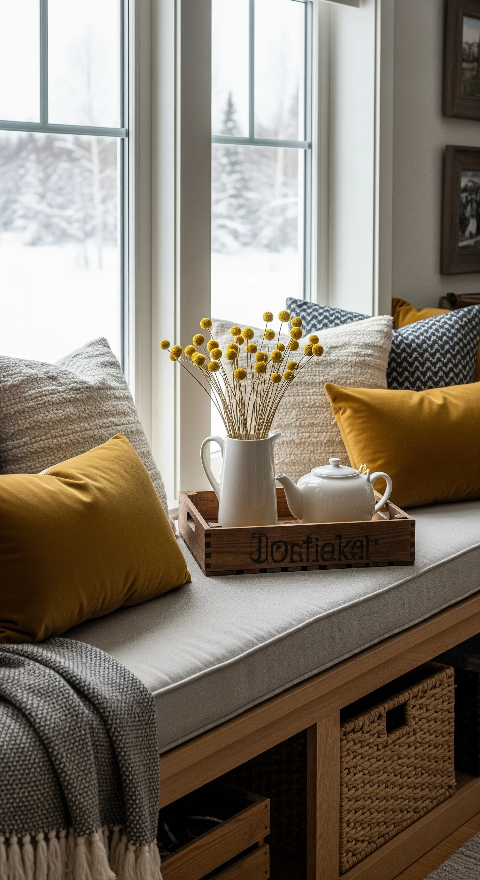 Fensterbank mit grauen Polstern, gelben Kissen und gelben Trockenblumen