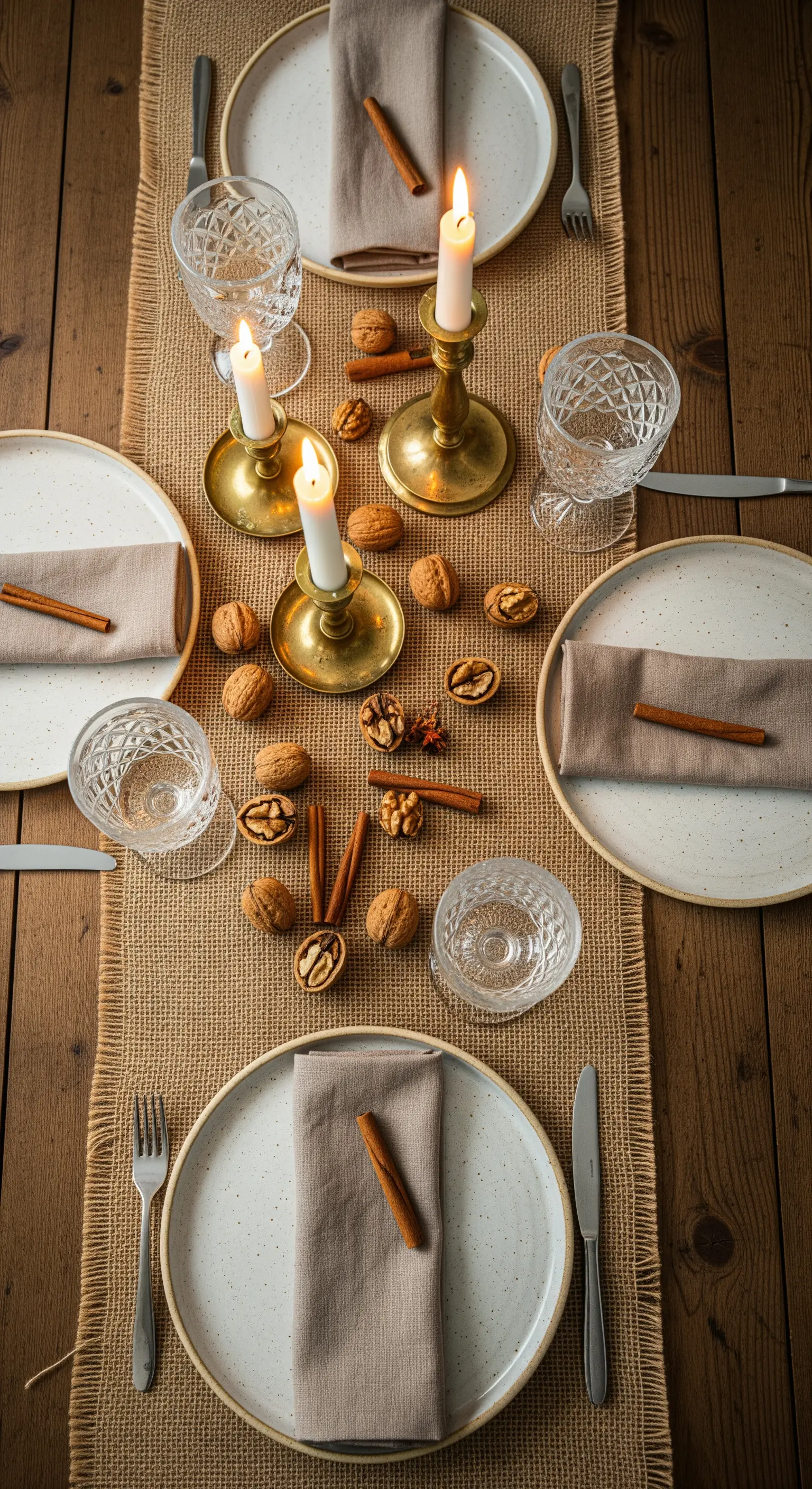 Tischgedeck mit Jute, Zimtstangen und Walnüssen