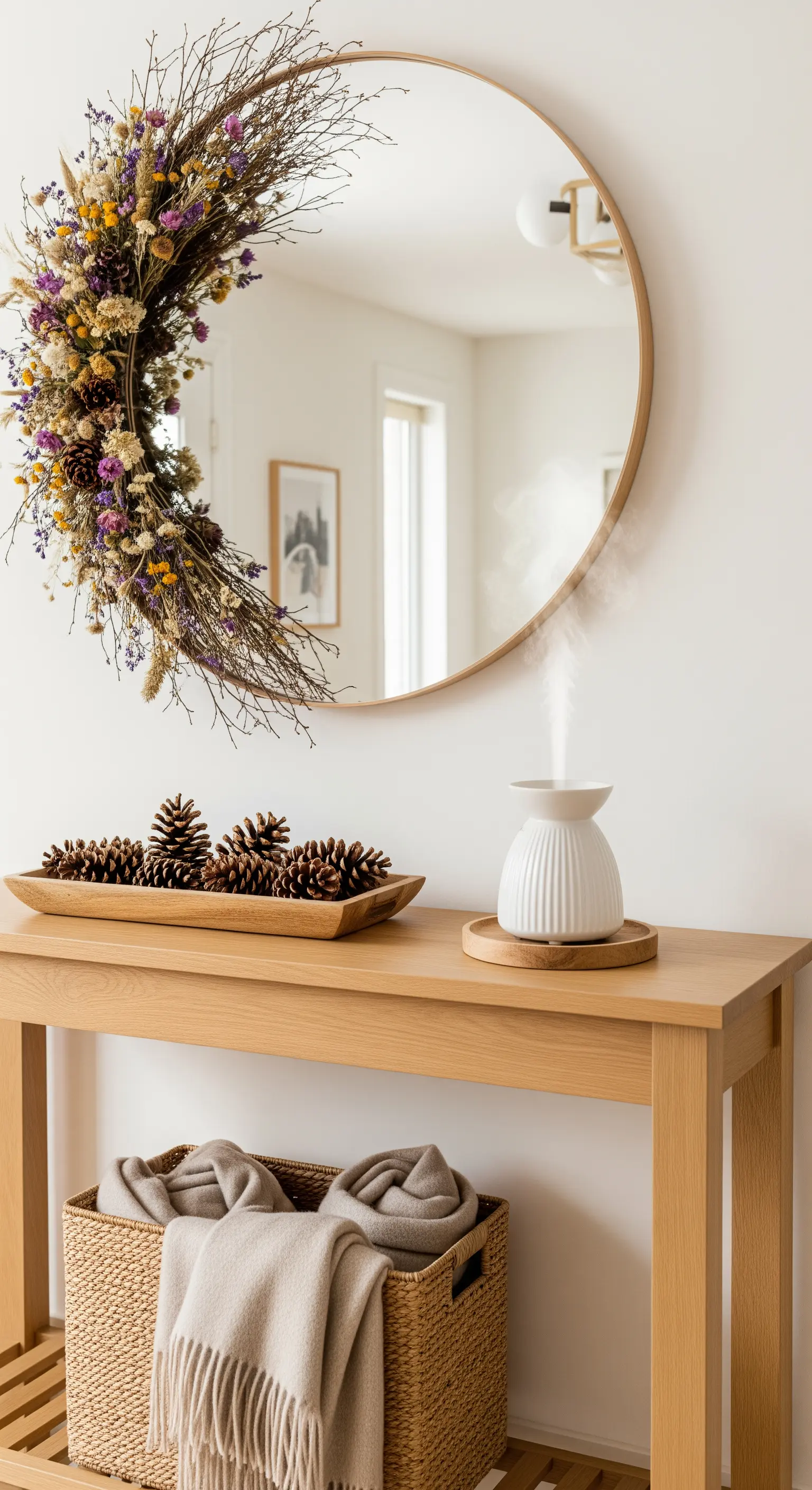 Halber Trockenblumenkranz am Spiegel über Konsole mit Diffuser