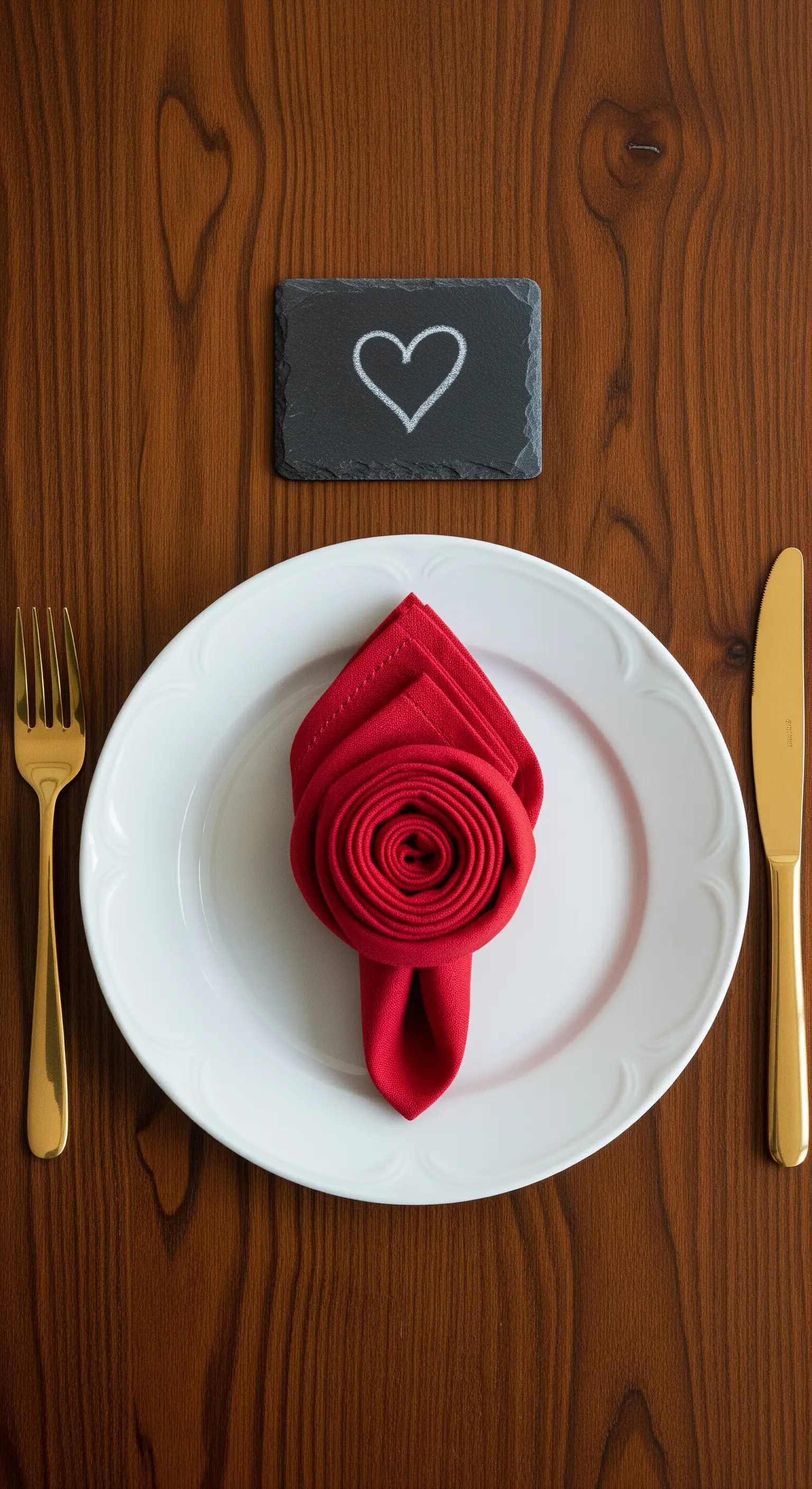 Teller mit roter Serviette in Rosenform gefaltet