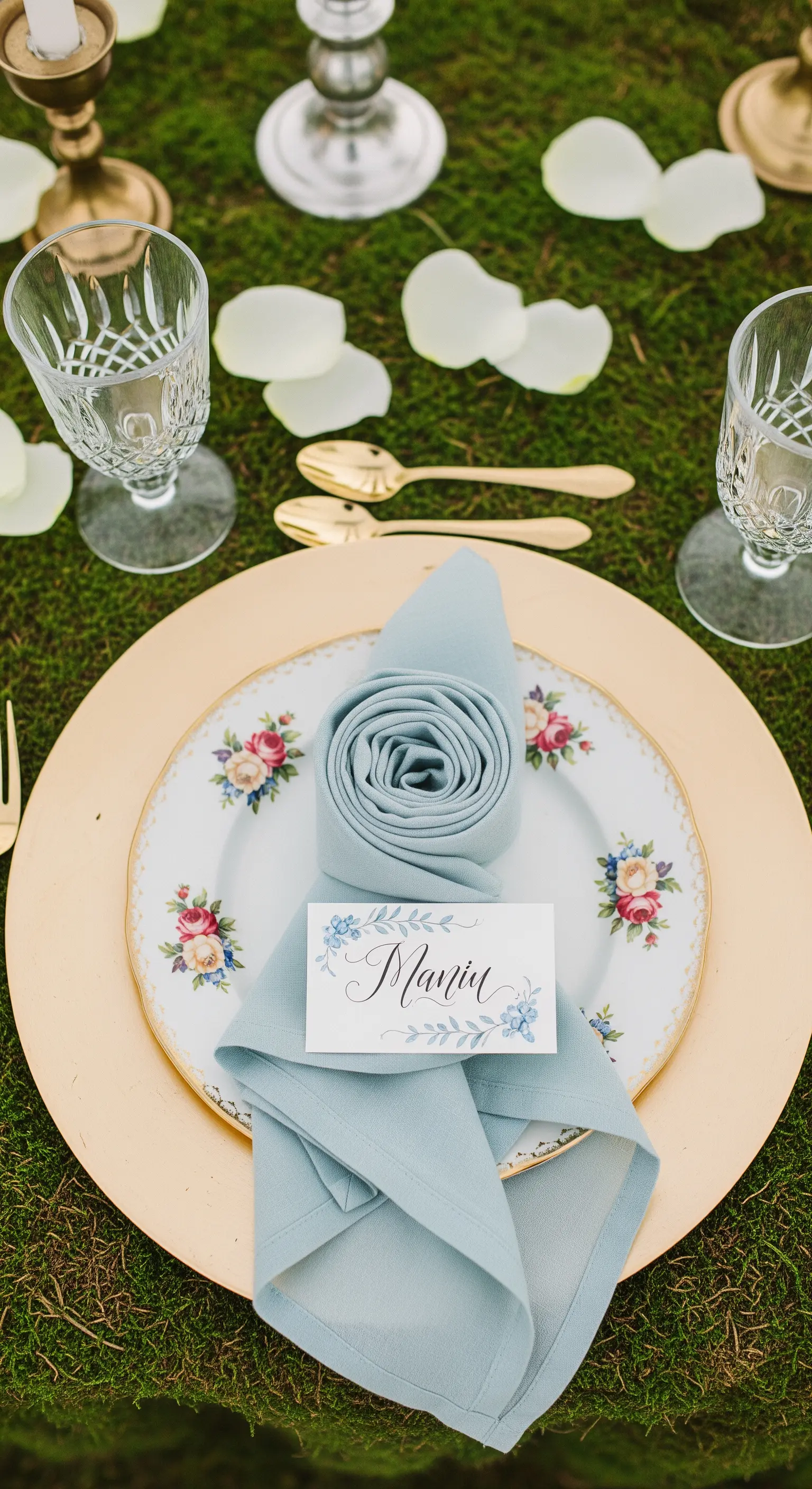 Gedeckter Teller mit hellblauer Serviette in Rosenform und Namenskärtchen