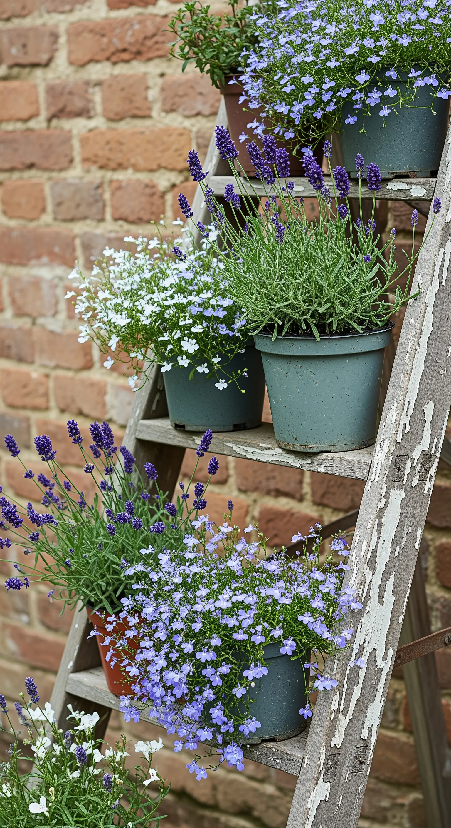 Alte Holzleiter an Ziegelwand mit Lavendel- und Blumentöpfen