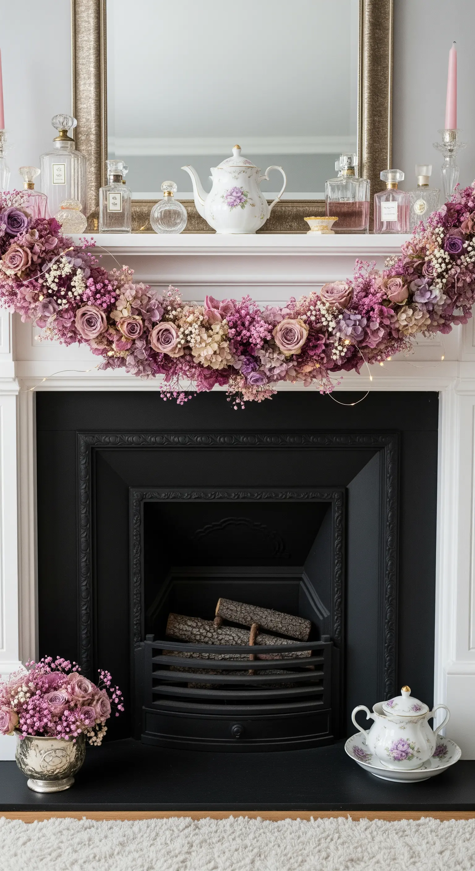 Schwarzer Kamin mit üppiger rosa Trockenblumengirlande