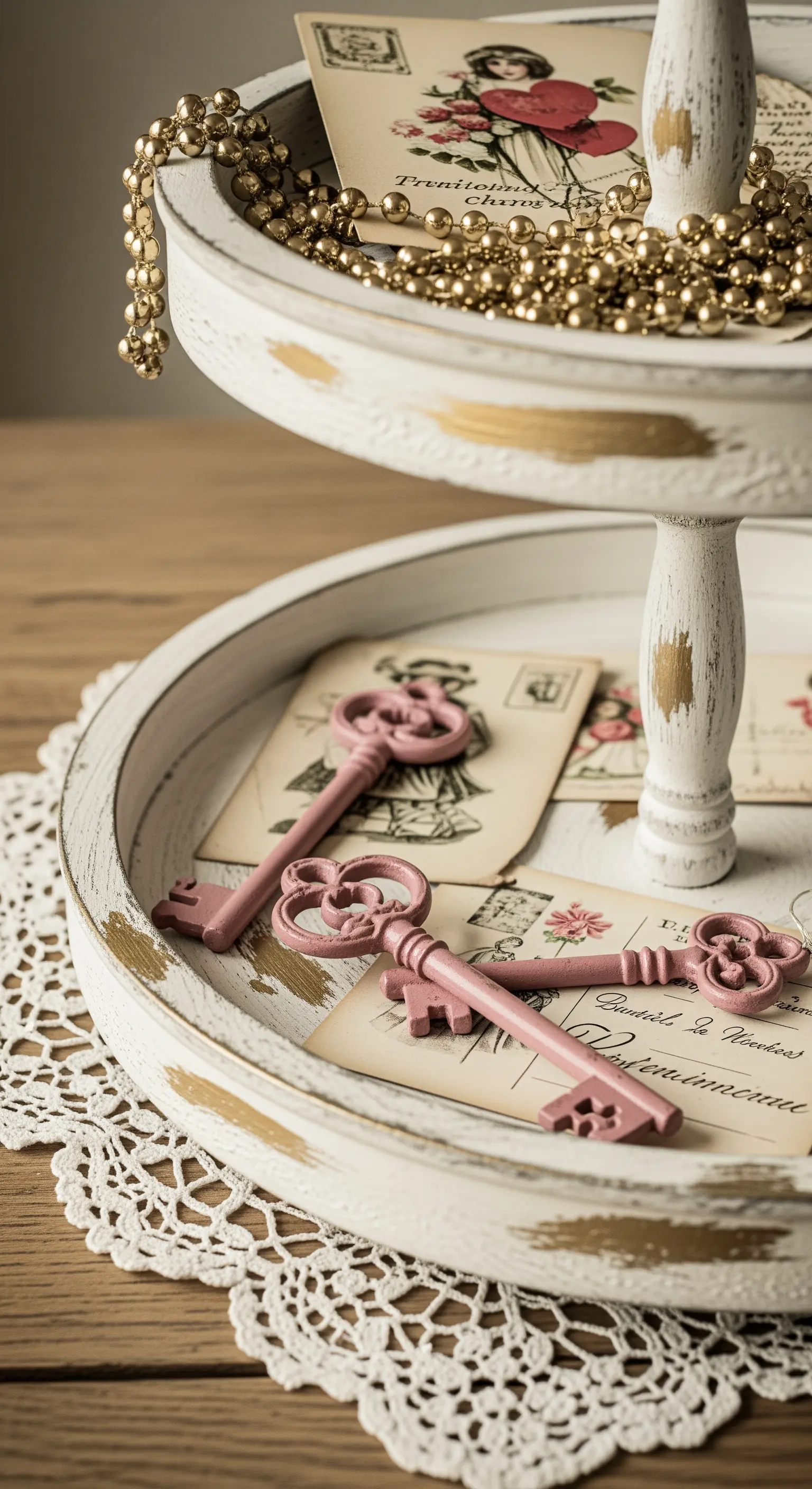 Holzetagere mit Vintage-Schlüsseln und alten Postkarten