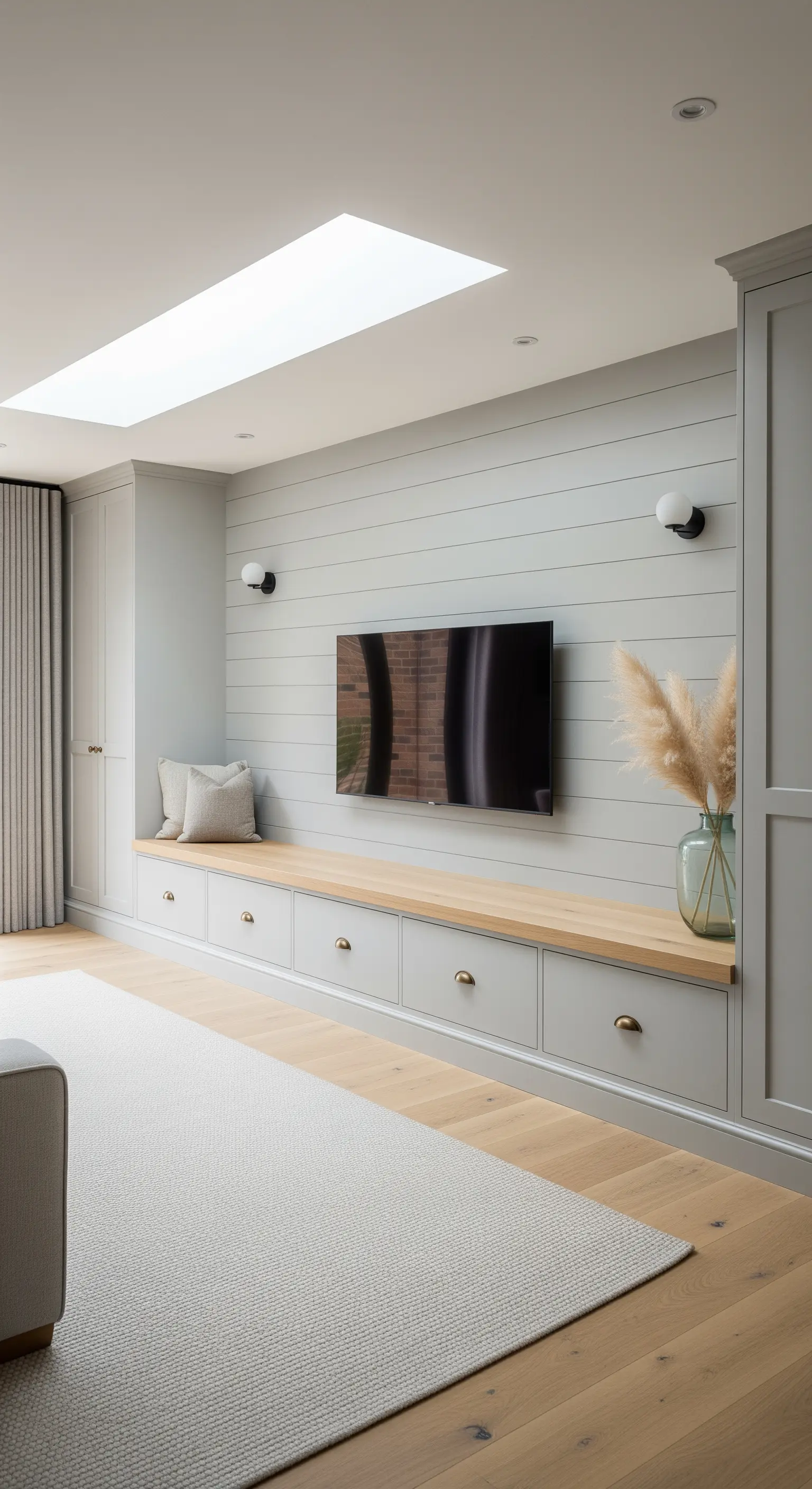 Graue Shiplap-Wandverkleidung mit TV