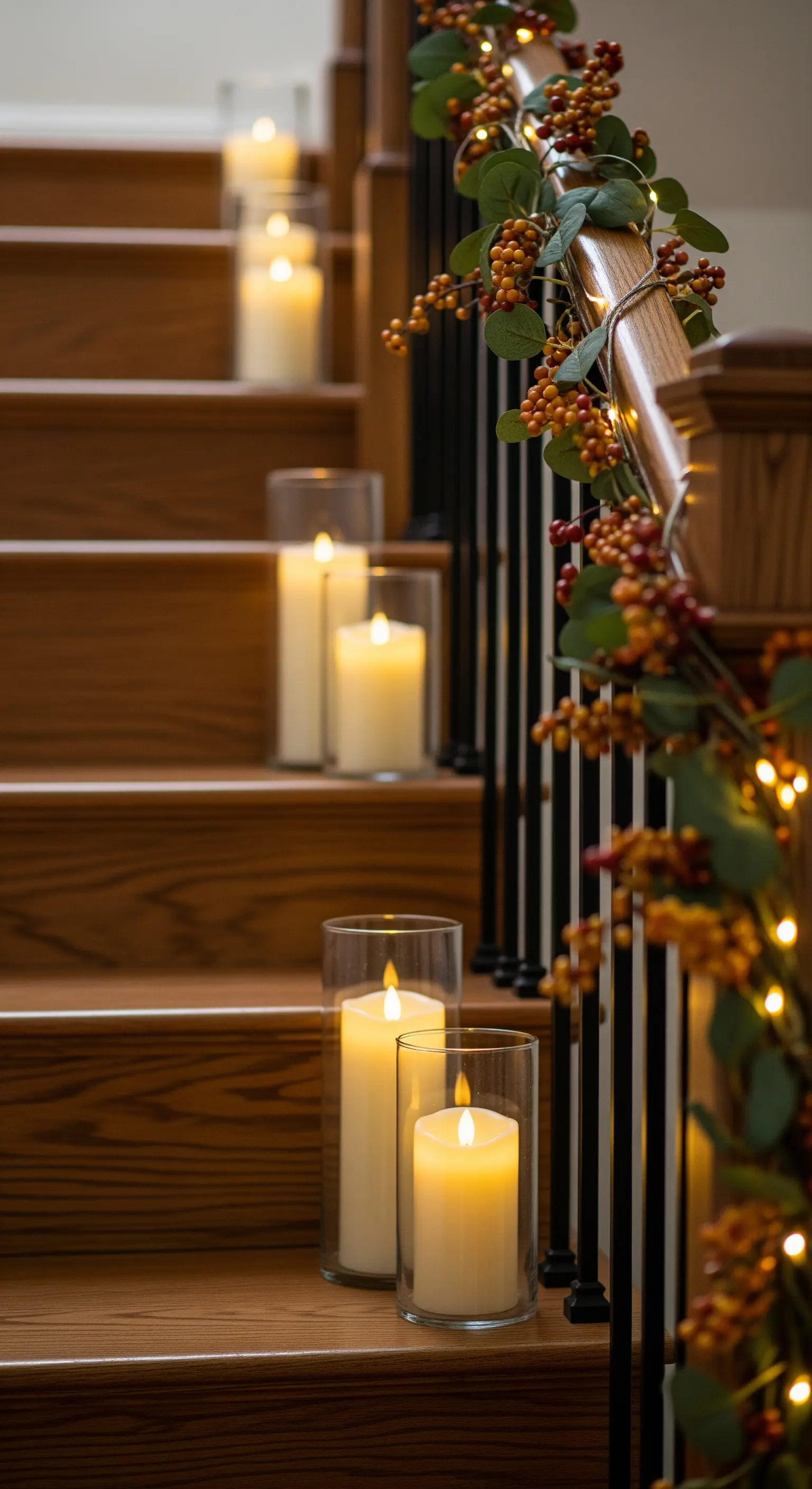 Holztreppe mit Kerzen in Glaszylindern auf den Stufen und Beerengirlande am Geländer