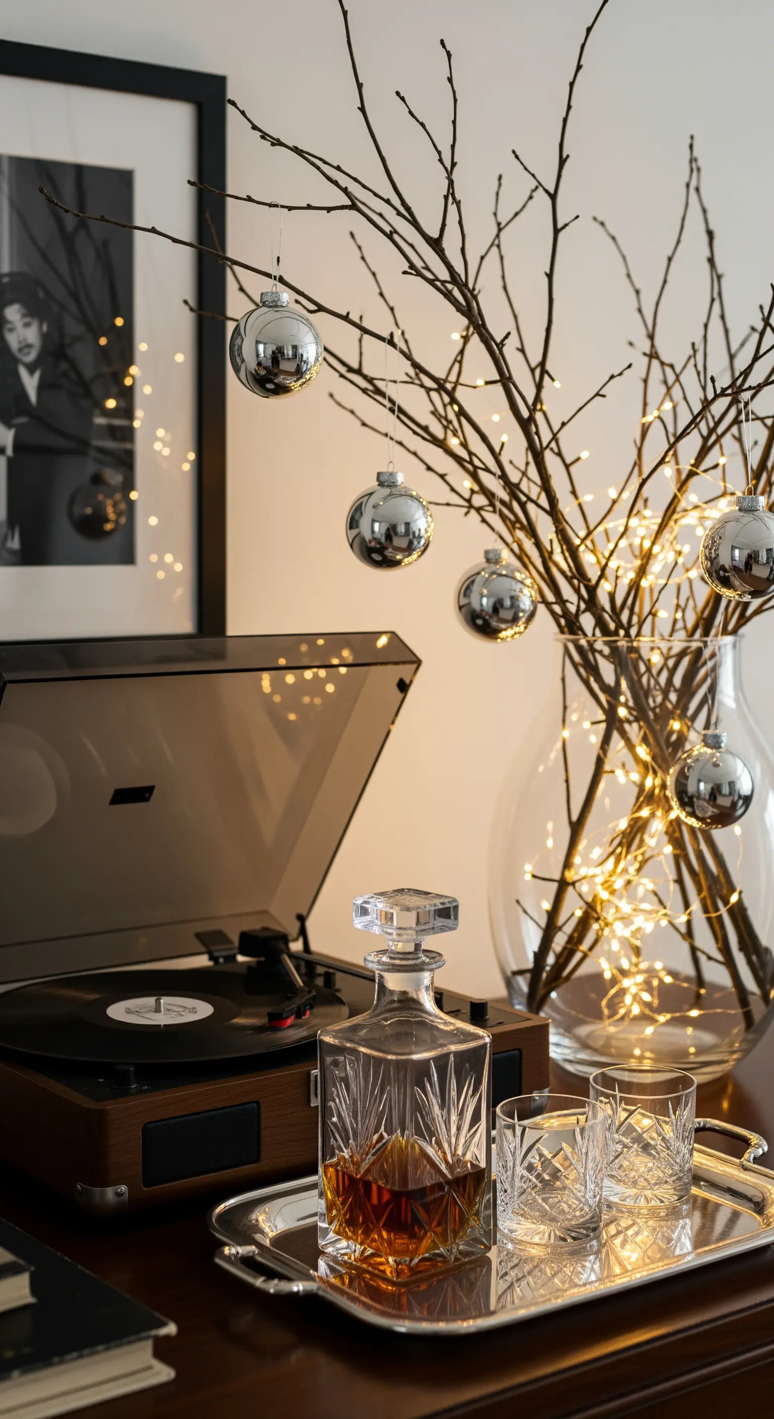 Zweige mit Silberkugeln und Plattenspieler