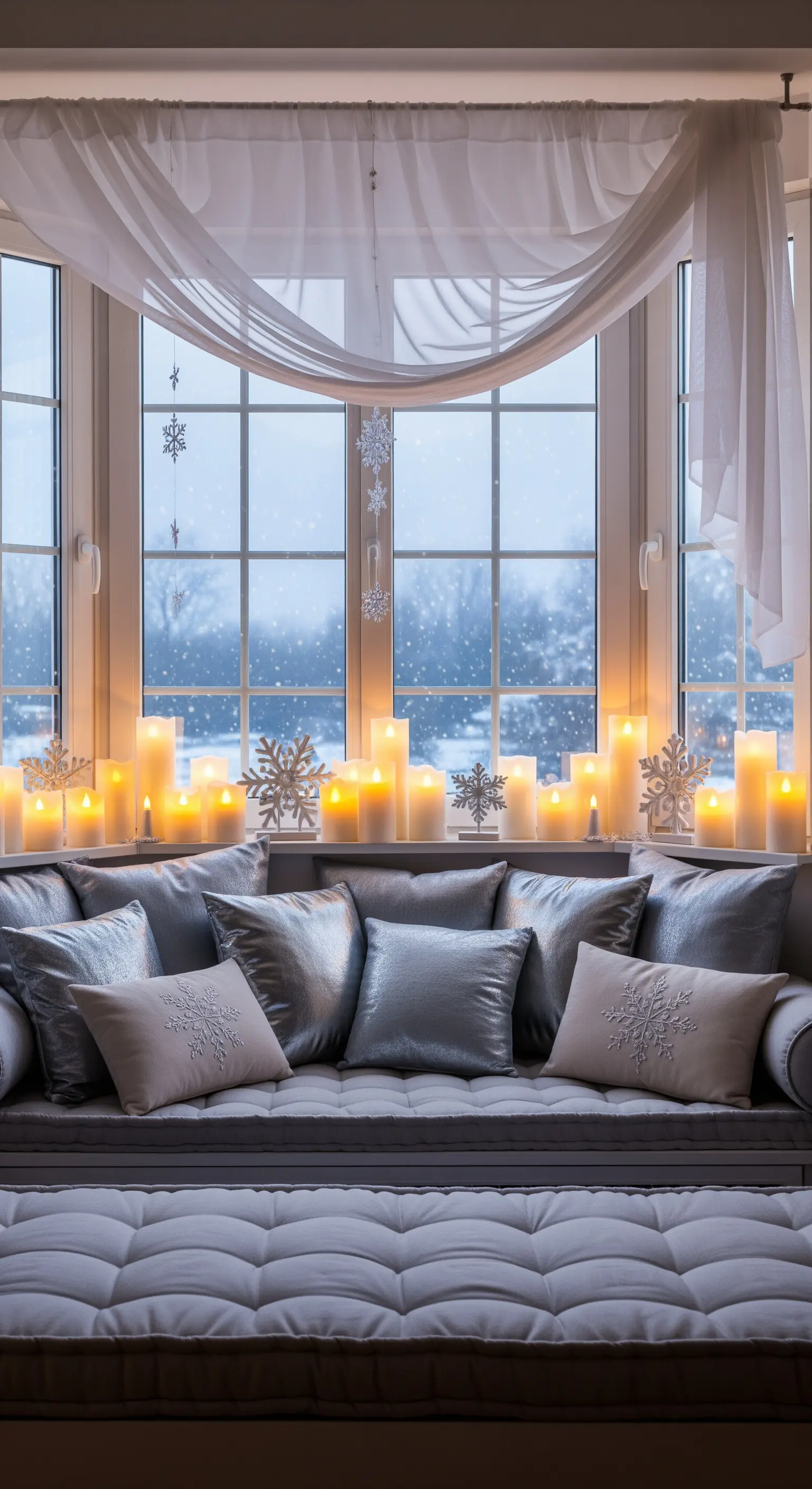 Fensternische voller Kerzen und silberner Kissen vor Winterlandschaft