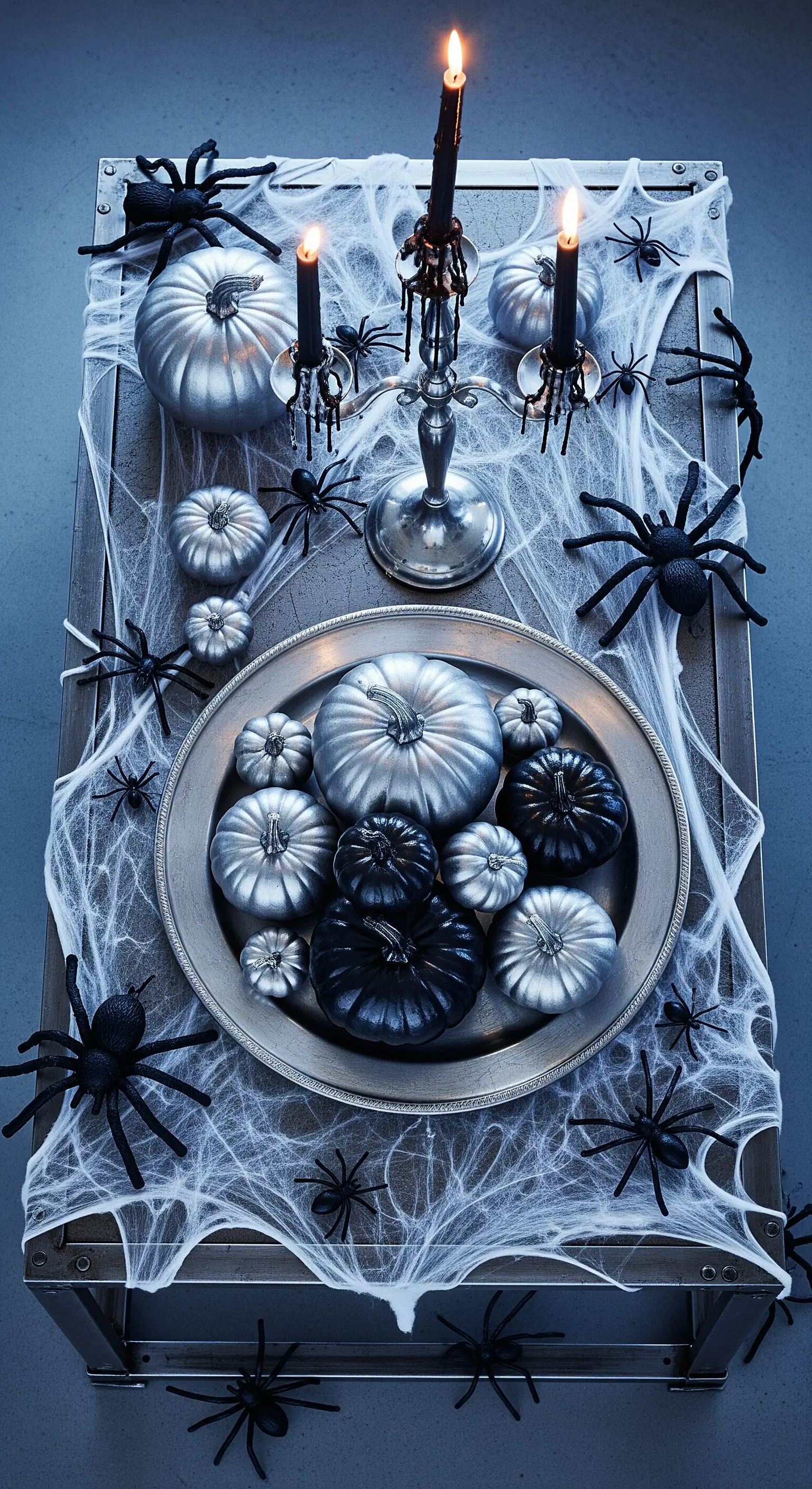 Silberne Kürbisse und Kerzenleuchter mit Spinnweben