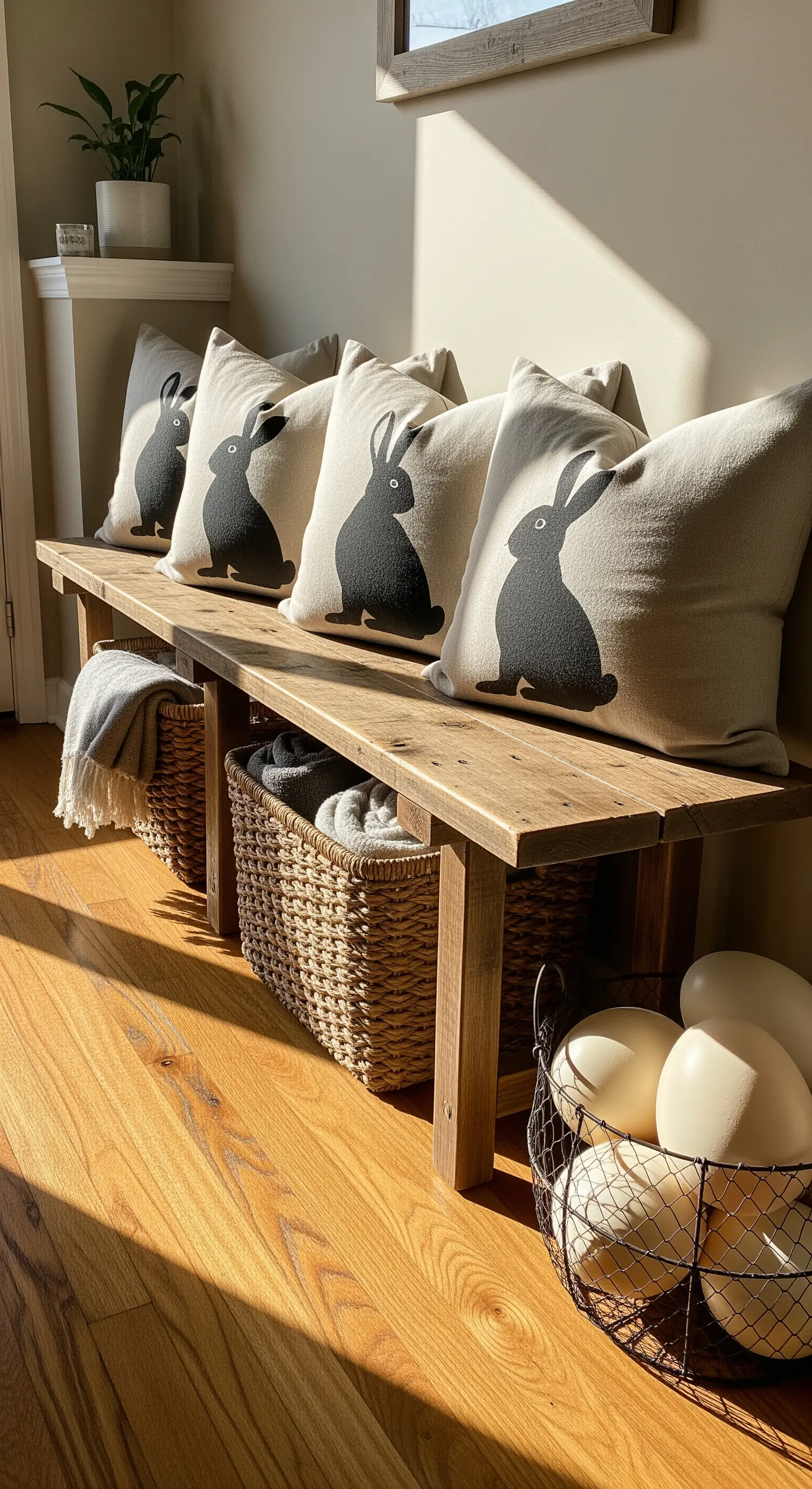 Holzbank mit Kissen, die Hasensilhouetten zeigen, und Körben