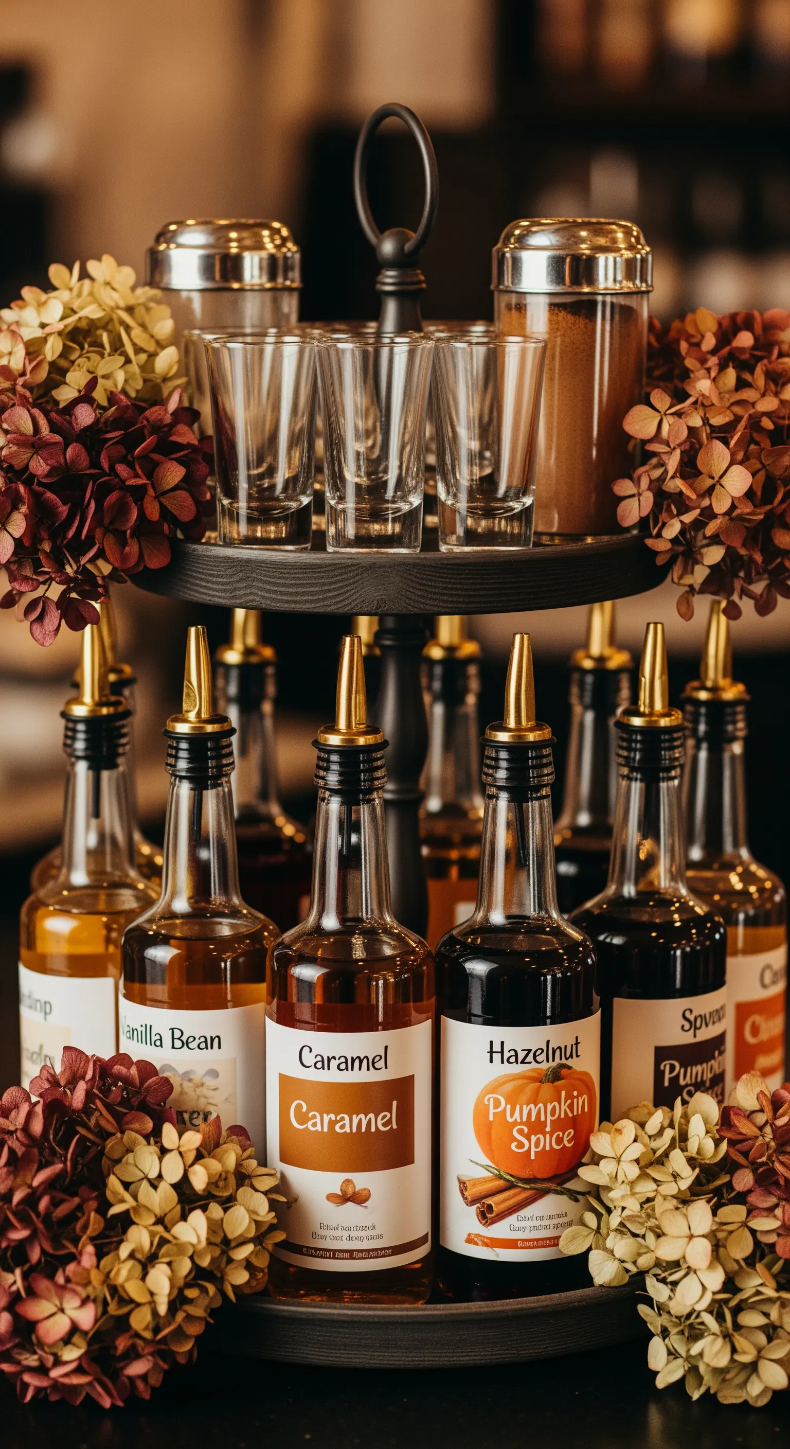 Schwarze Etagere voll mit Sirupflaschen, getrockneten Hortensien und Gewürzstreuern