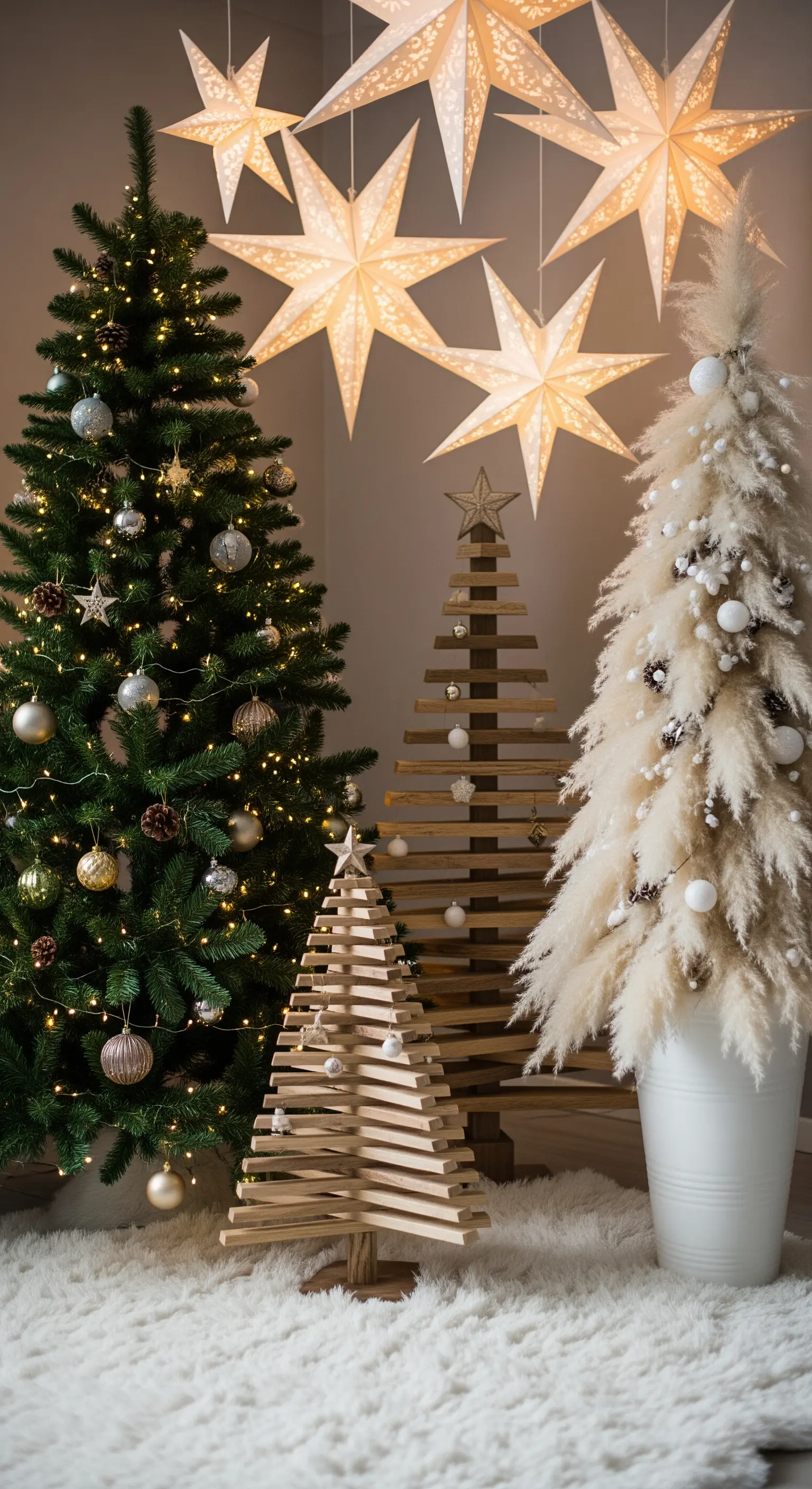 Arrangement aus Holzlatten-Bäumen, Papiersternen und Pampasgras-Baum