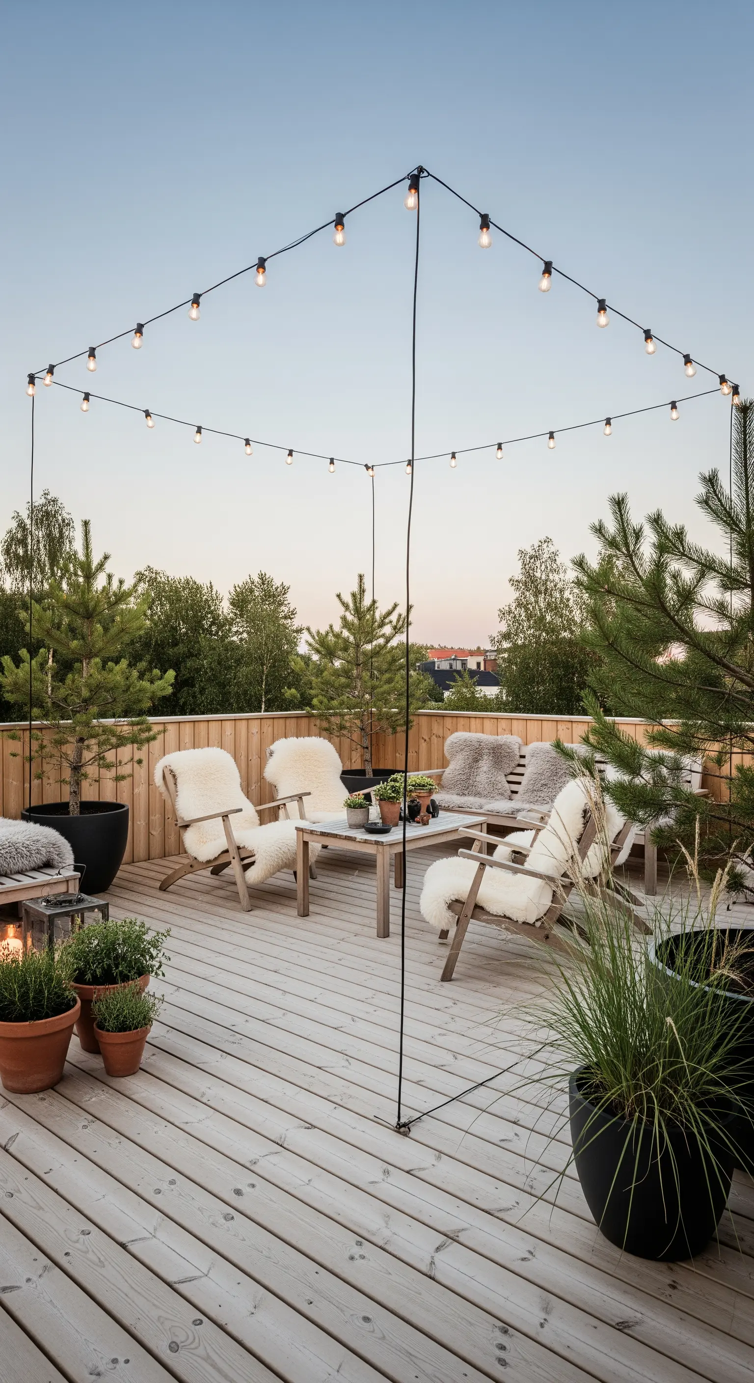 Holzterrasse mit hellen Möbeln und Schaffellen