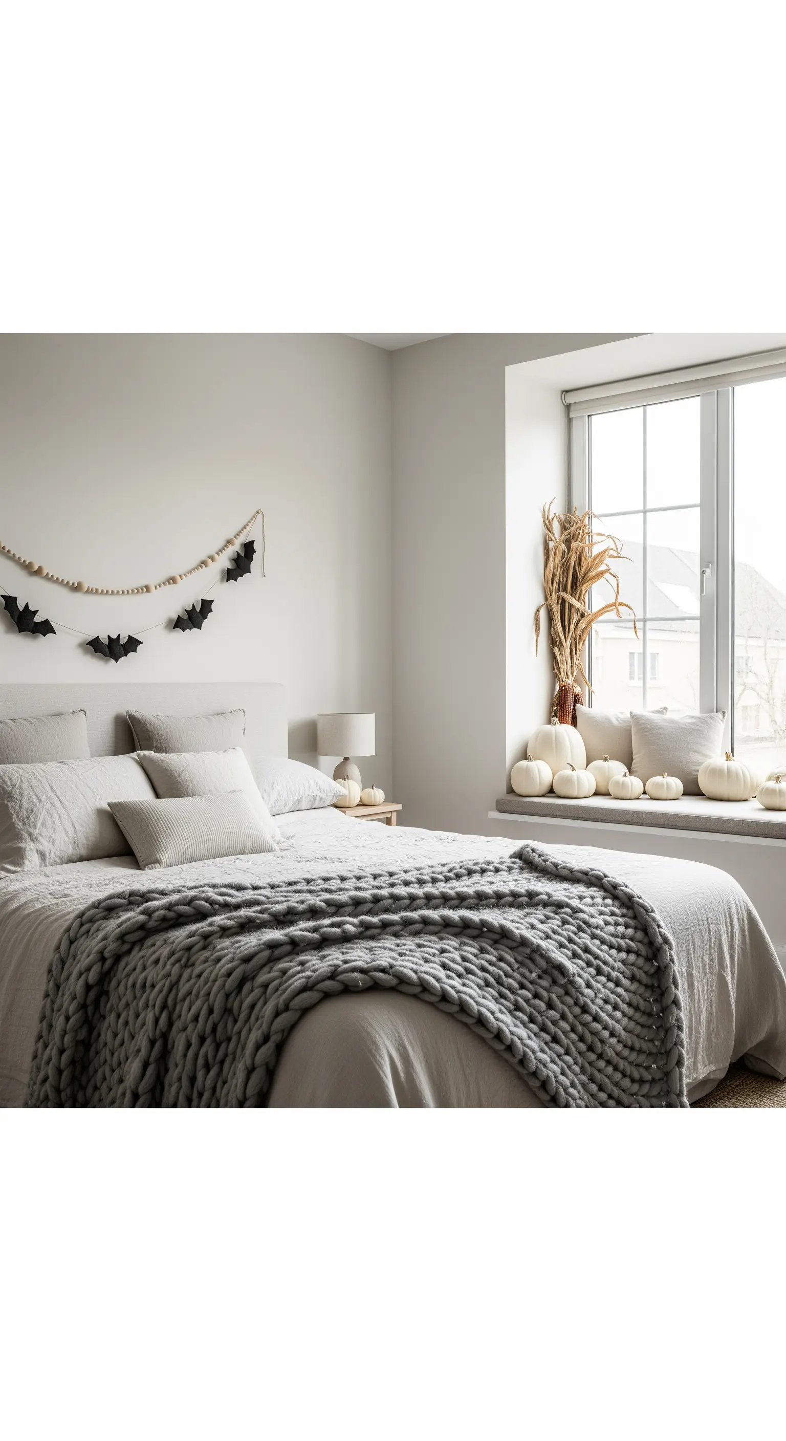 Helles Schlafzimmer mit Fledermaus-Girlande und Fensterbank-Deko