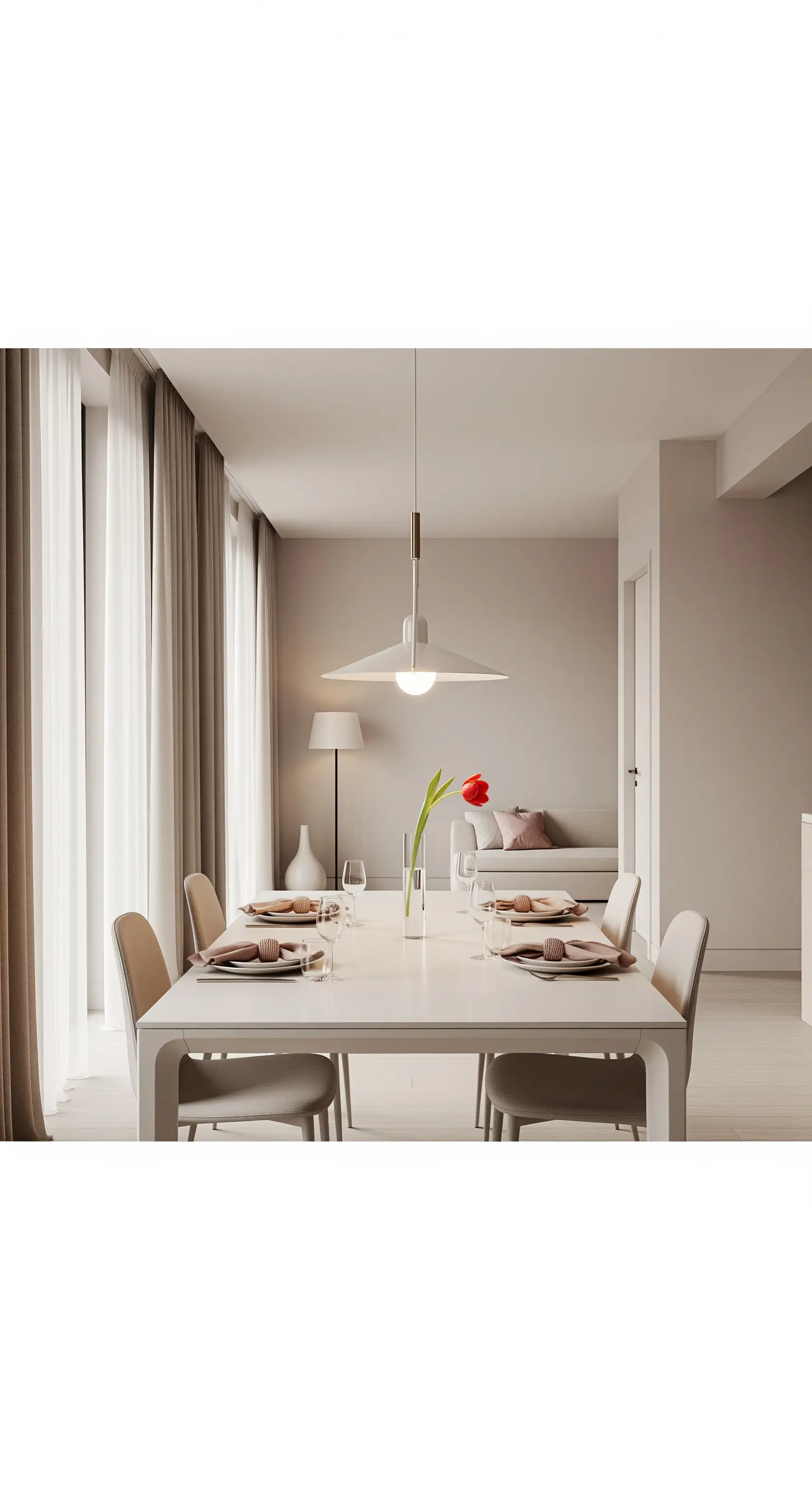 Minimalistischer Esstisch in Beige mit einer einzelnen Tulpe